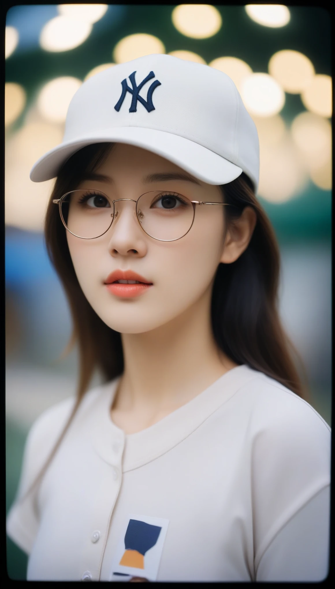 close-up of beautiful korean female, 34 inch breasts size,wearing big baseball shirt, baseball cap, glasses, looking side, bokeh background, Polaroid photo, UHD