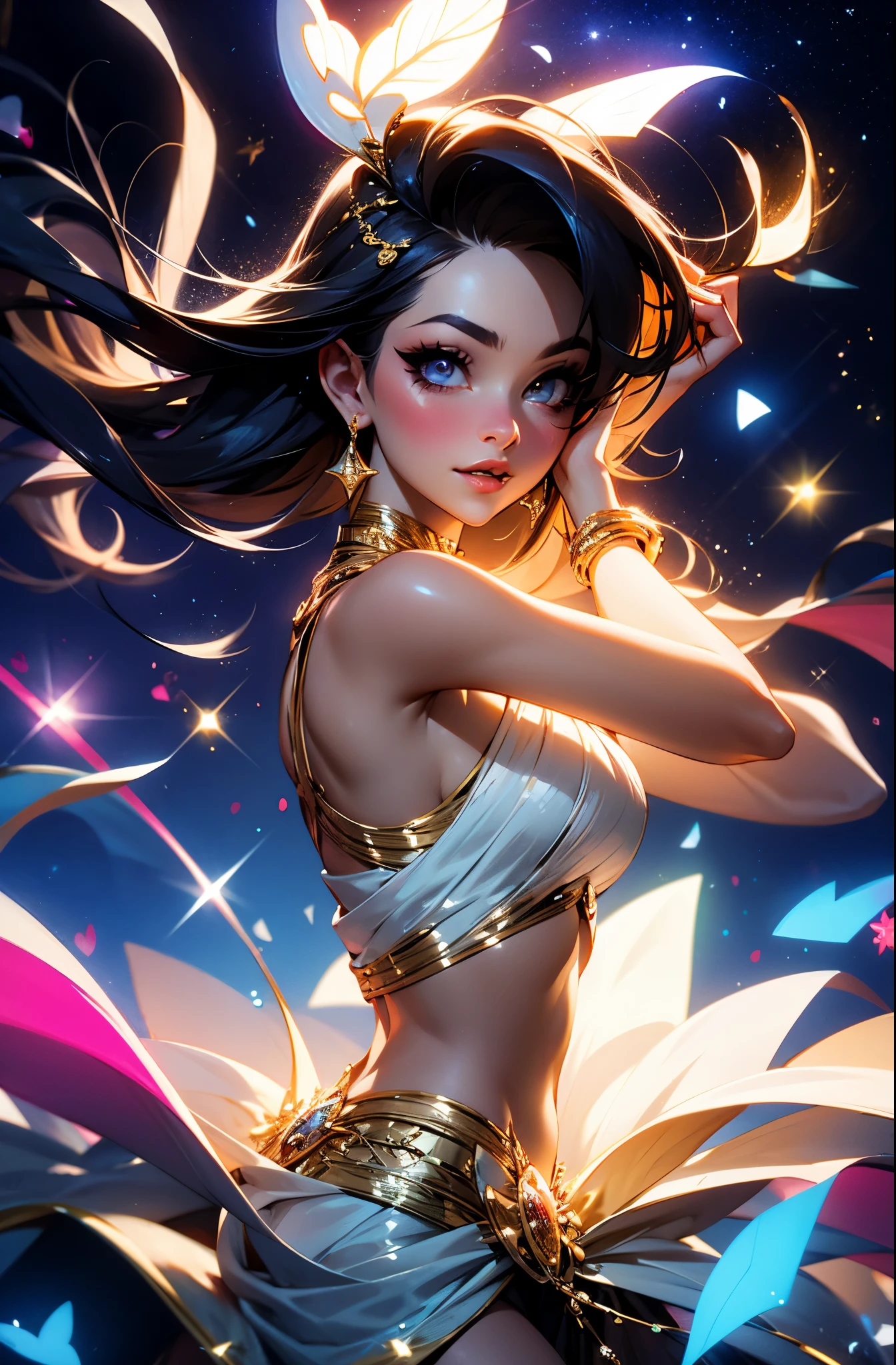Toriko Chiya, Alphonse Mucha, Surreal, mysterious, strange, fantastical, fantasy, sci-fi, Japanese anime, cloud path, rainbow bridge, miniskirt beautiful girl who sails the sails of her soul on the sea of stars, perfect voluminous body, detailed masterpiece sexy erotic provocative poses dynamic action body sensual embarrassing blushing showing off body looking at viewer zoom in