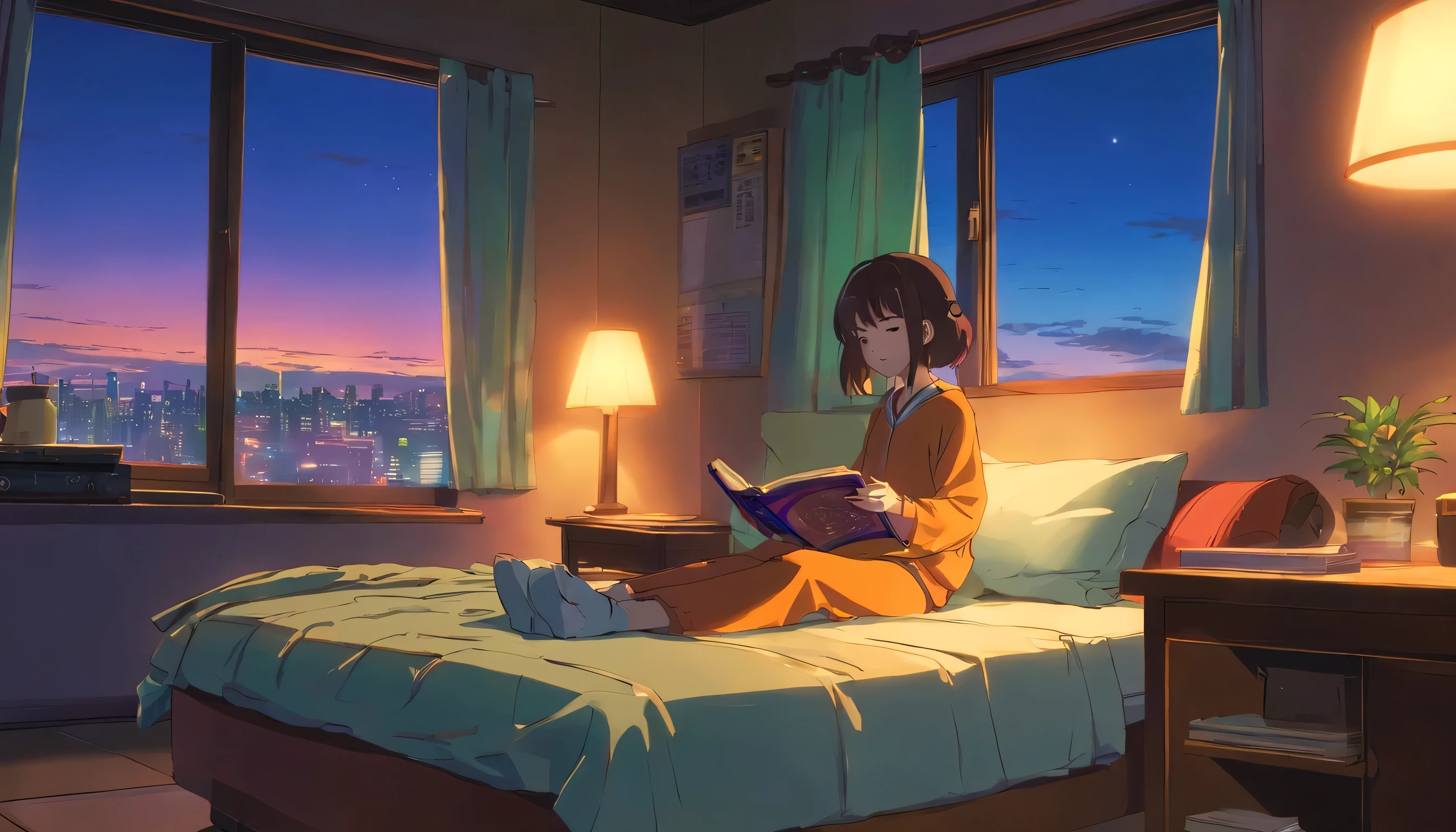 lying on the bed in my room、European hippie girl listening to music on headphones and reading a book, dream, please wear headphones, night light, analog color theme, lo-fi hip hop , retrospective, flat, 2.5D ,Draw a line, ink painting, Osaka road, watercolor painting, gouache color, studio ghibli style, very colorful, outerton, Krautlock, Lofiato,old texture, amplitude,Psychedelic atmosphere, masterpiece, Technology of Wonders,on the bed，Darken the room，beautiful sunset outside the window