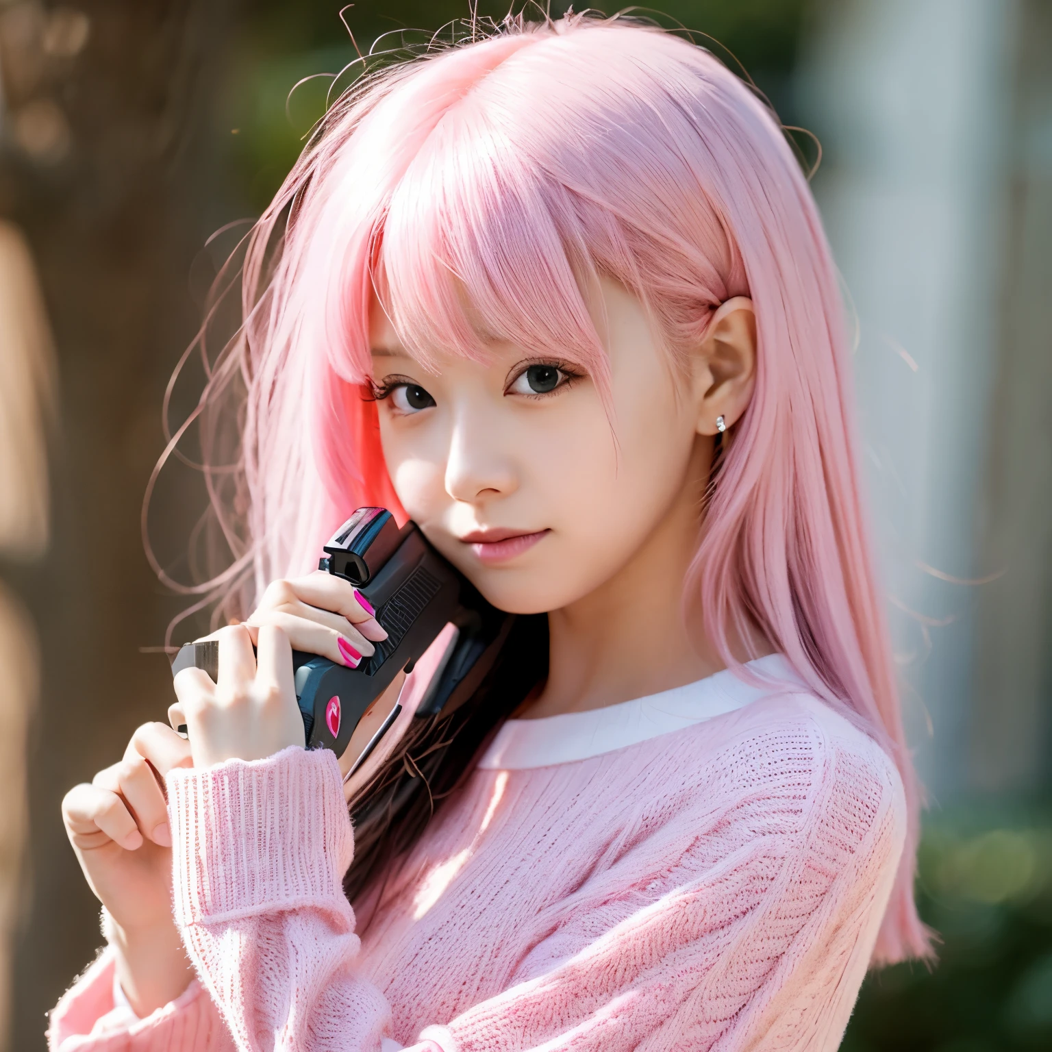 pink hair、cute、girl、I have a gun