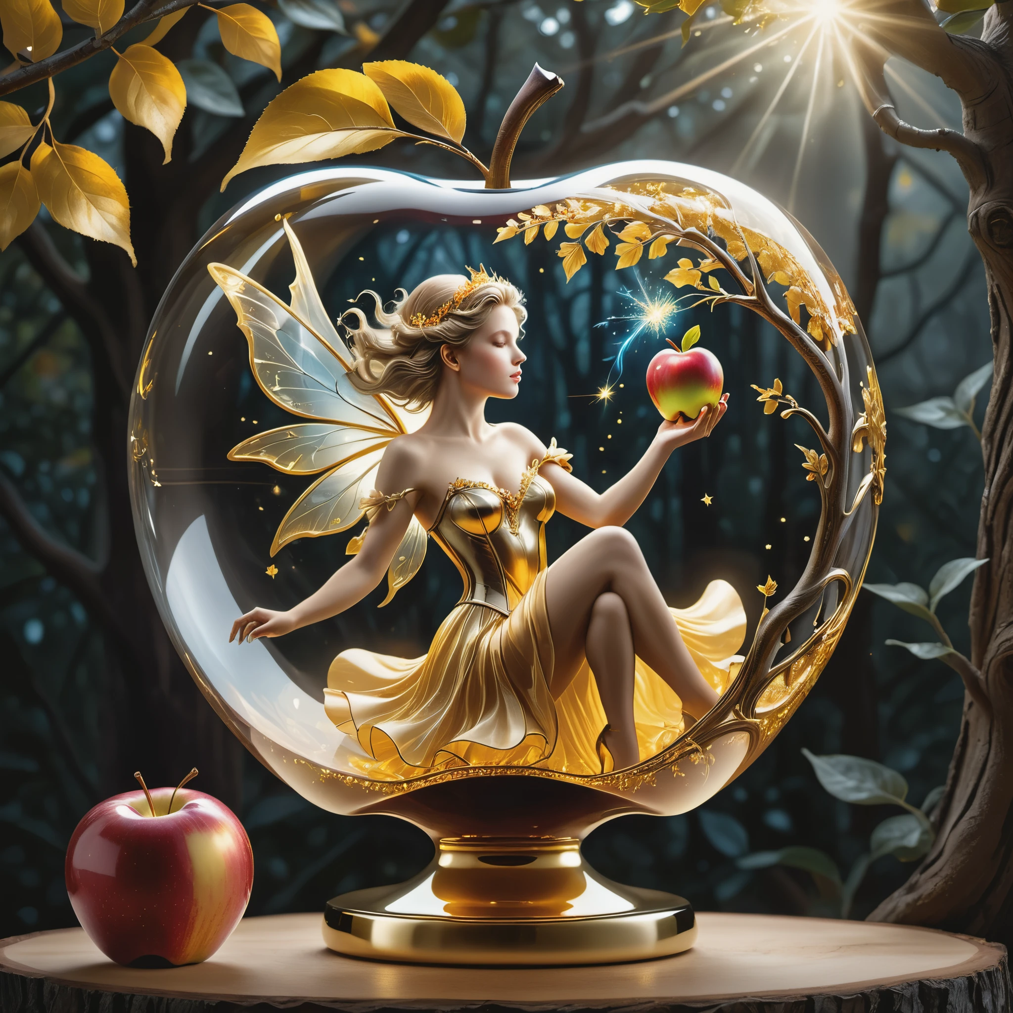 photograph, photorealistic, ultra-realistic, intricately detailed, wide angle, fine fractal glossy vivid colored shiny contours outlines of a glass apple with a ("a glowing golden flying female fairy uses her wand to transform a tree to solid gold.") inside, surreal, gradient, windy, petals floating on the wind, swirling ribbons of ink and light. linquivera, liiv1