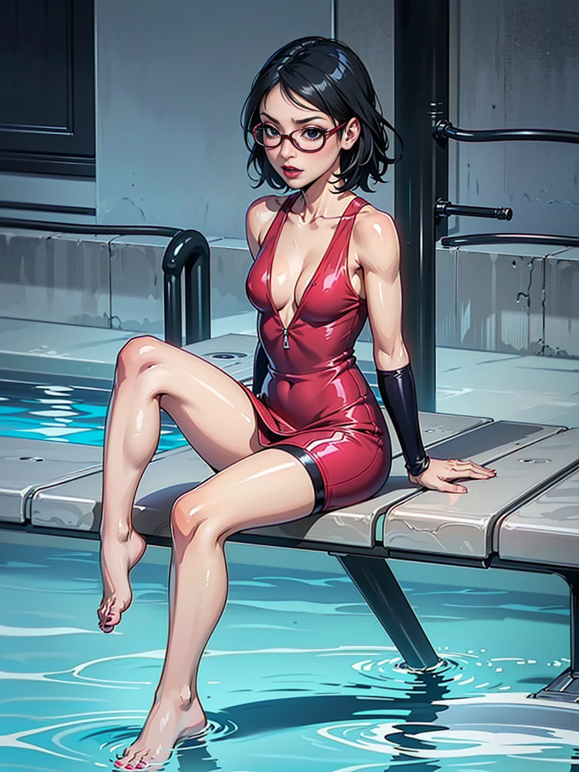 (1girl, solo, alone), (WakatsukiRisa, Sarada Uchiha, black hair, short hair, black eyes, red glasses), ((solo, (1woman, (small bust), pink lipstick, black eyes), Extremely detailed, ambient soft lighting, 4k, perfect eyes, a perfect face, perfect lighting, a 1girl)), ((fitness,, shapely body, athletic body, toned body)), ((red dress, sitting on the edge of the pool, water park, swimming pool, barefoot, bench top, seductive look, sedusindo, seductive expression))