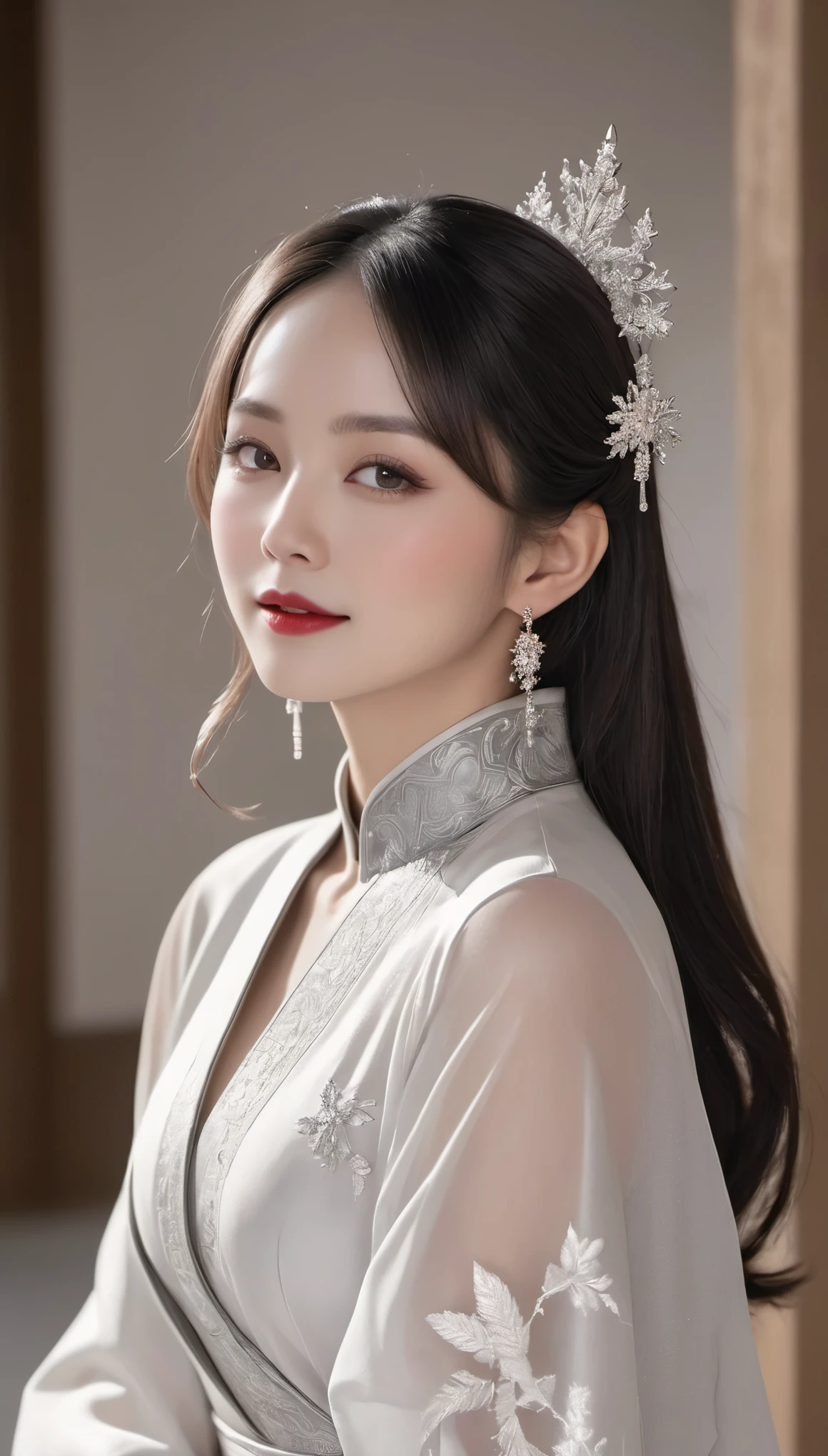 (((surreal woman)))、((とても美しい30歳の白人Female priests))、(((Big big cleavage)))、Female priests、blonde mature、plump body shape、smile、middle-aged beauty 、Very delicate and delicate skin texture、Female priests、{(ancient ornate and luxurious temple)、(many torches are burning)}、red lips、fine scarlet eyes、(((Luxury and gorgeous silver outfit and luxurious accessories)))、Gorgeous and luxurious hair ornament、I have a shining platinum wand、