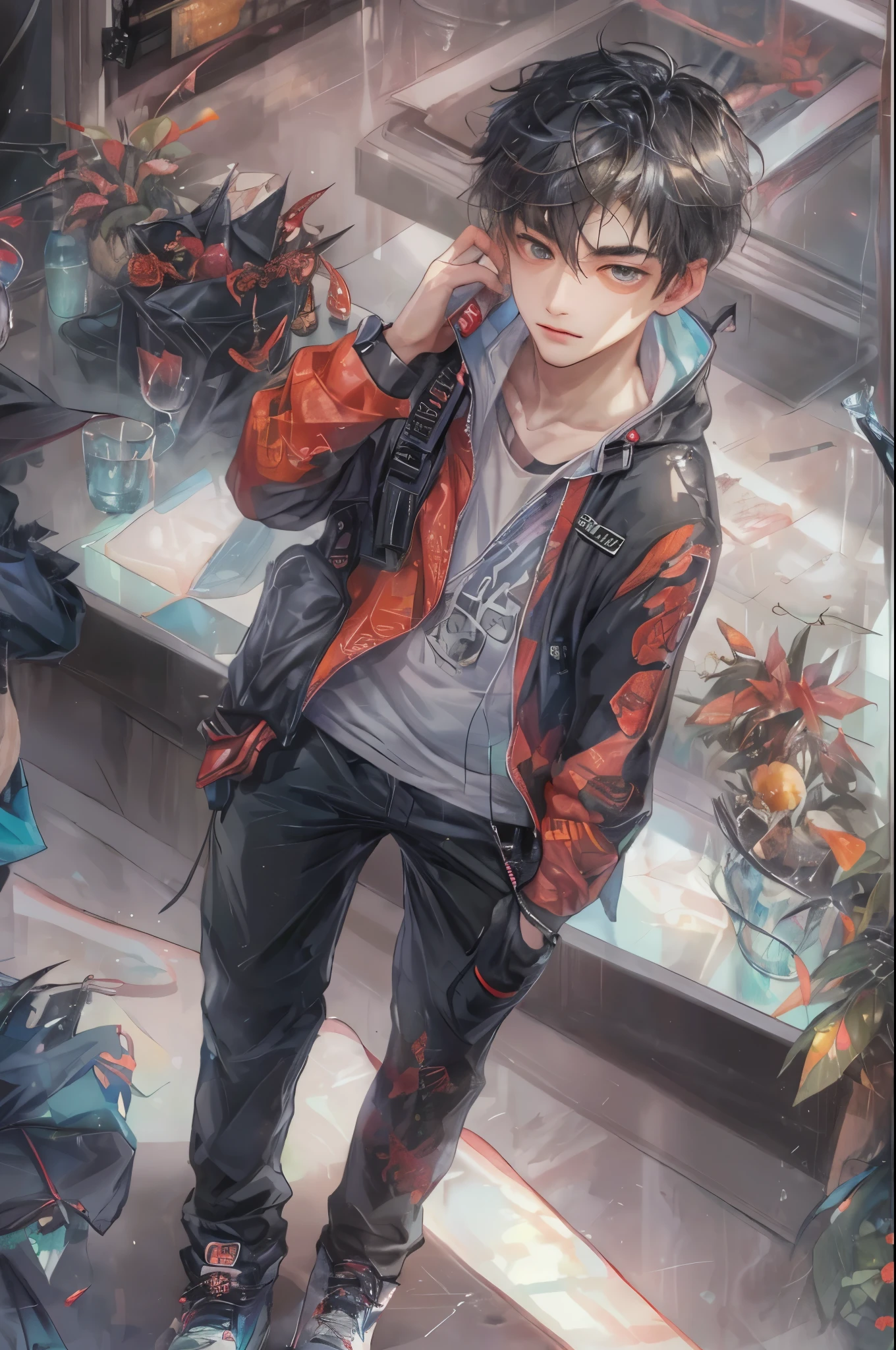 (masterpiece, top quality, best quality, official art, beautiful and aesthetic:1.2), boy, handsome, perfect detailed face, a boy in sporty clothes, colorful, highest quality art, (perfect face), shiny skin, HDR, detailed surroundings, inside a shopping mall