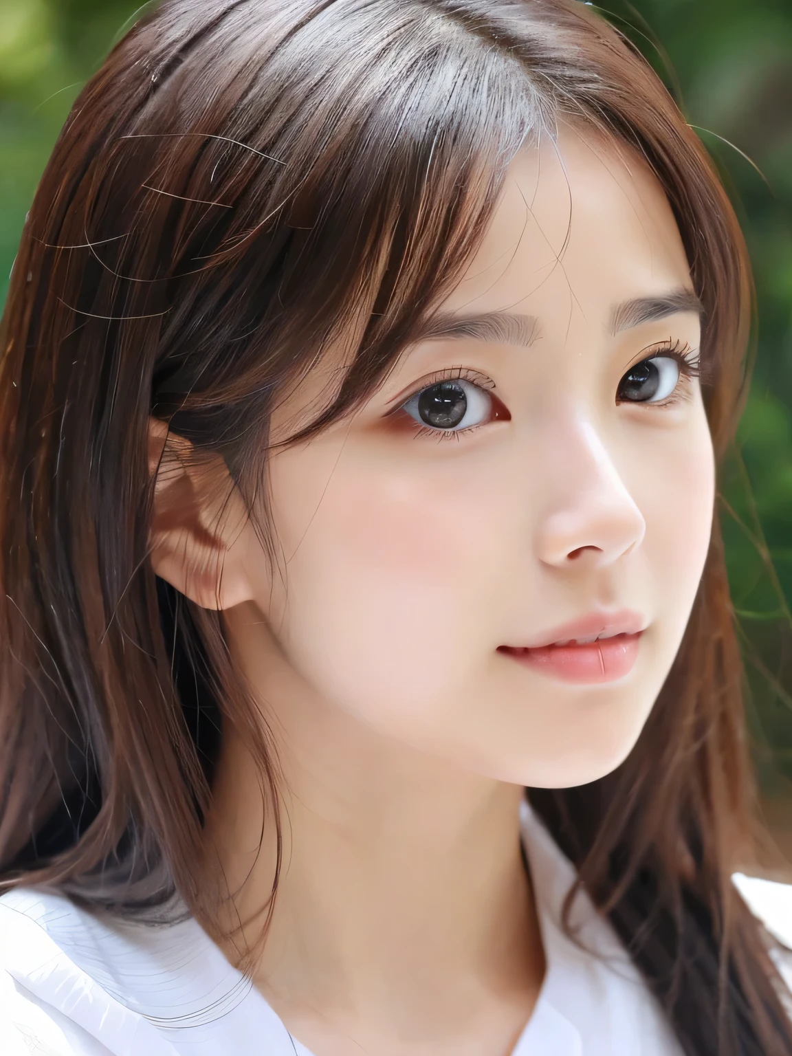 (((32k,high details,high detail、masterpiece,attention to detail,alone))),Raw photo & realistic atmosphere,beautiful dark blue eyes,detailed mouth,glossy lips,thin eyebrows,fine eyes、Soft white skin that shines in every detail、her deep black eyes are so beautiful,lip details、very beautiful face,very well-shaped face、lifelike face,shining beautiful lips,beautiful eyebrows,infinite reality, Realistic young gravure idol,she'she'she'she'she'she's a very cute woman , young gravure idol, young gravure idol, Very beautiful and cute 21 year old beautiful girl,incredibly beautiful and classy,21 year old beautiful girl,natural soft light,(shiny hair,,Beautiful and kind eyes:1.5),gentle smile,well-shaped chest,medium long hair,tie hair,beautiful posture,no makeup,think ahead,