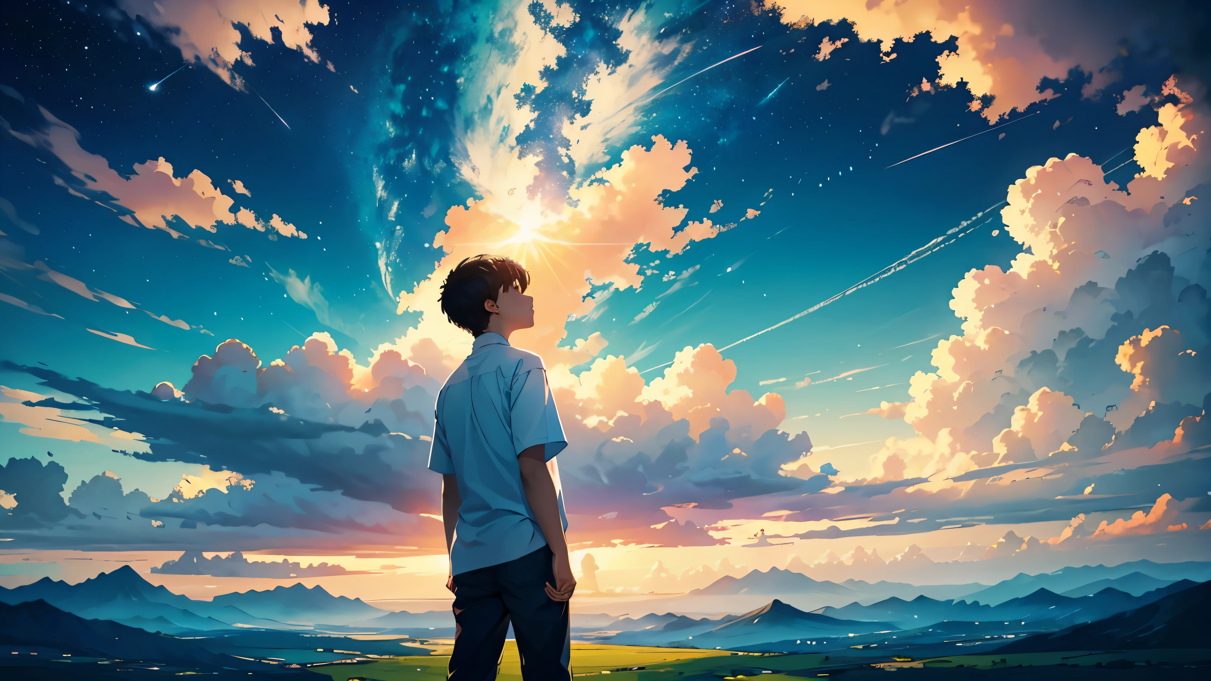 Alone amidst the vast expanse of a wide green field, a solitary boy stands, his gaze fixed upon the boundless canvas of the sky above. The field stretches out before him like an emerald sea, its lush grasses swaying gently in the breeze, as if whispering secrets to the heavens.
Above, the sky unfolds in all its splendor—a canopy of azure blue adorned with wisps of cotton-white clouds that drift lazily across the horizon. The sun, a radiant orb of golden light, casts its warm rays down upon the earth, bathing the landscape in a soft, ethereal glow.
As the boy looks upward, he sees the clouds drifting by, each one a fleeting masterpiece painted by the hand of nature. Some are wispy and delicate, like brushstrokes upon a canvas, while others are billowing and voluminous, casting shadows upon the earth below.
Beyond the clouds, the infinite expanse of the heavens stretches out in all directions, a realm of boundless possibility and wonder. The boy feels as though he can reach out and touch the stars, their distant light twinkling like diamonds against the velvet backdrop of space.
In this moment of quiet contemplation, surrounded by the beauty of the natural world, the boy feels a sense of peace and serenity wash over him. It's as if time itself has slowed, allowing him to fully appreciate the beauty and majesty of the world around him—a world filled with endless wonders waiting to be discovered. And as he stands there, gazing up at the sky, he knows that he is part of something greater than himself—a part of the magnificent tapestry of creation that stretches out before him, reaching to infinity and beyond.