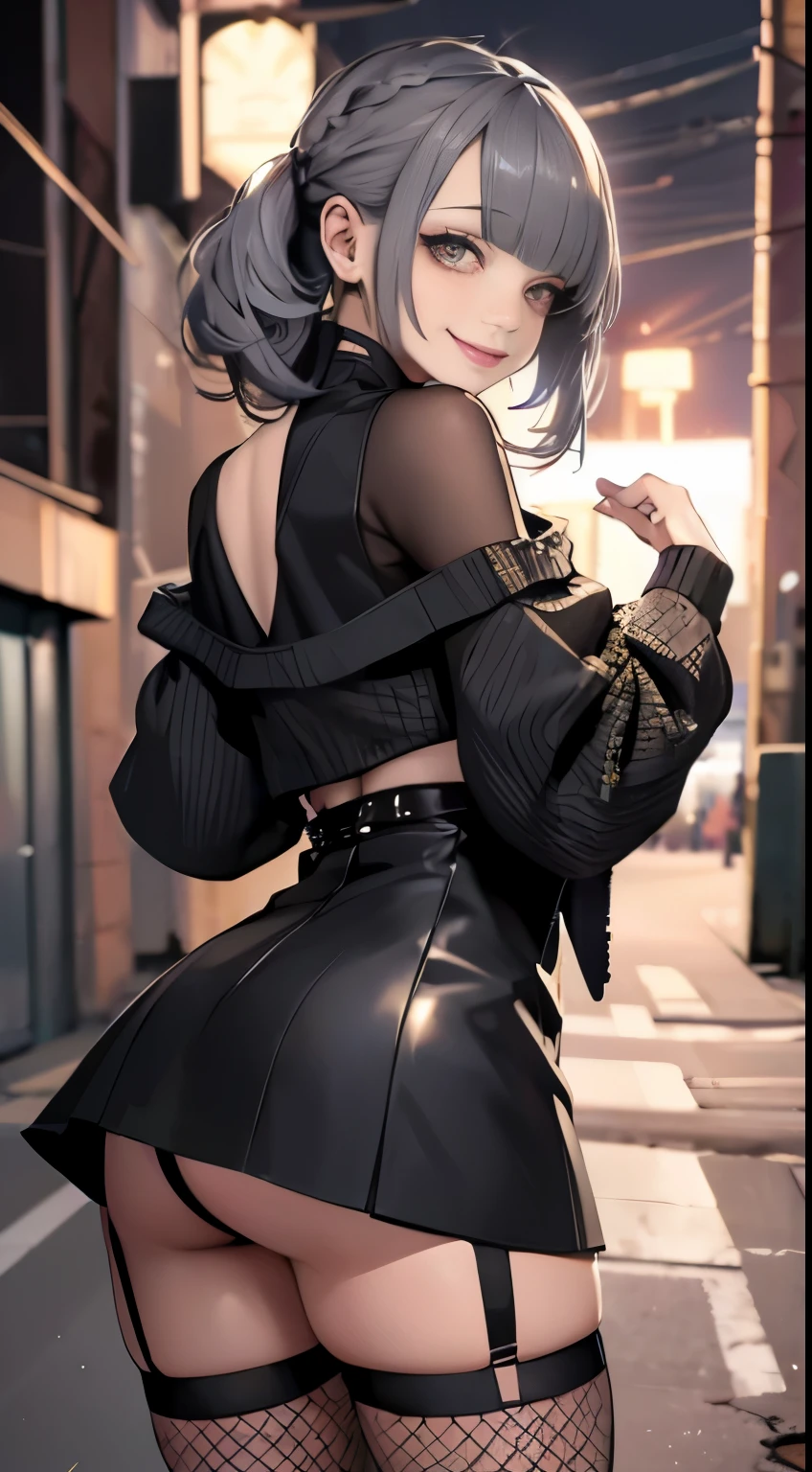 look at the camera,(((highest quality, 8K, masterpiece))), sharp focus, (beautiful woman with perfect figure), thin, (hairstyle: Excellent)), ((back alley at night)), street: 1.2 非常に詳細な顔と肌の質感詳細な目double eyelidランダムな姿勢, (smile), realistic face, double eyelid,smile, cyberpunk city , at sunset , beautiful teeth , thigh strap, wear a leather jacket、off shoulder sweater、Gray vertically ribbed sweater dress、Fishnet tights、garter belt、night view、