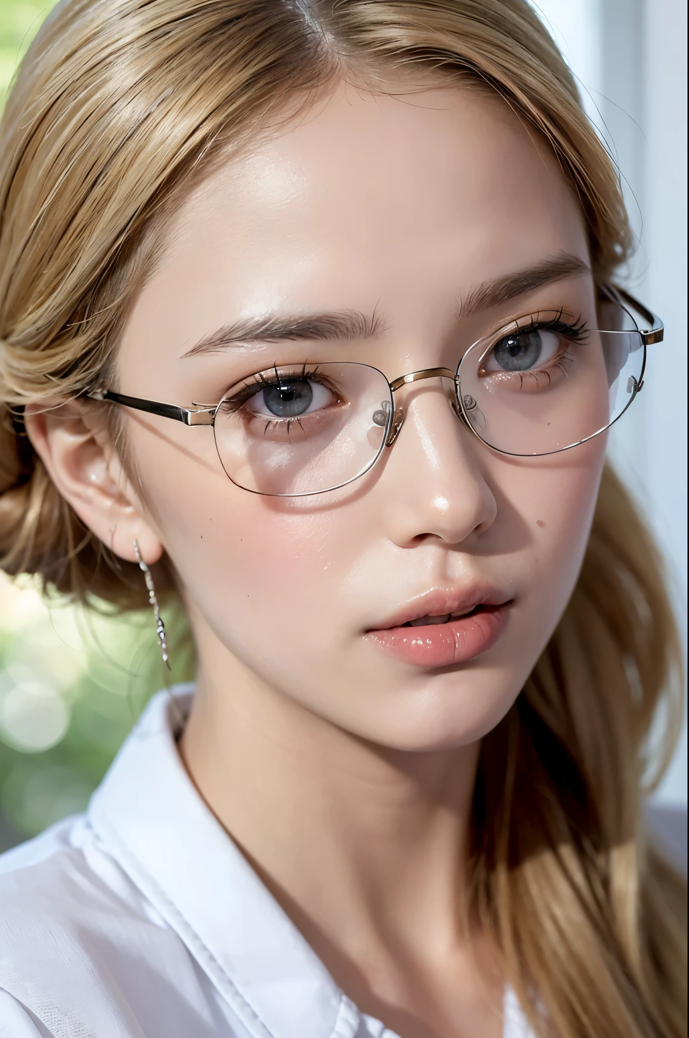 Best quality, masterpiece, ultra high res, (photorealistic:1.6), (looking at viewer), raw photo, (close up:1.6), 1 girl, long blonde hair, updo-hair style, detailed eyes and face, (wearing white shirt, wearing glasses), sunlight,