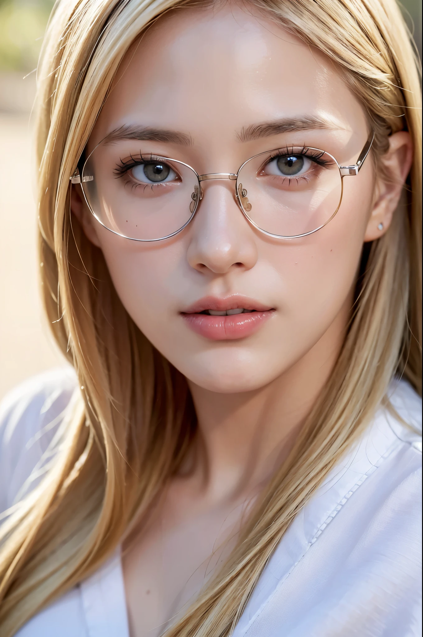 Best quality, masterpiece, ultra high res, (photorealistic:1.6), (looking at viewer), raw photo, (close up:1.6), 1 girl, long blonde hair, detailed eyes and face, (wearing white shirt, wearing glasses), sunlight,