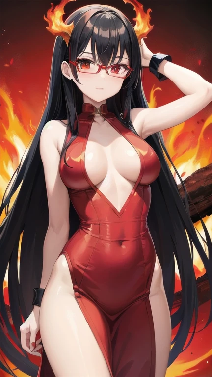 (masterpiece), best quality, expressive eyes, perfect face, anime girl in a red and black dress with flames around her, (red and black hair heterochromia)+, red colored inner hair, (red and orange eyes heterochromia)+, lava and fire goddess, very sexy devil outfit, ruler of inferno, queen of hell, hot fire goddess, fire background, appears as the fire goddess, fiery background, body with black and red lava, fiery scorching red eyes, the fire goddess, goddess of fire, full dress of lava showcase, small breast, glasses