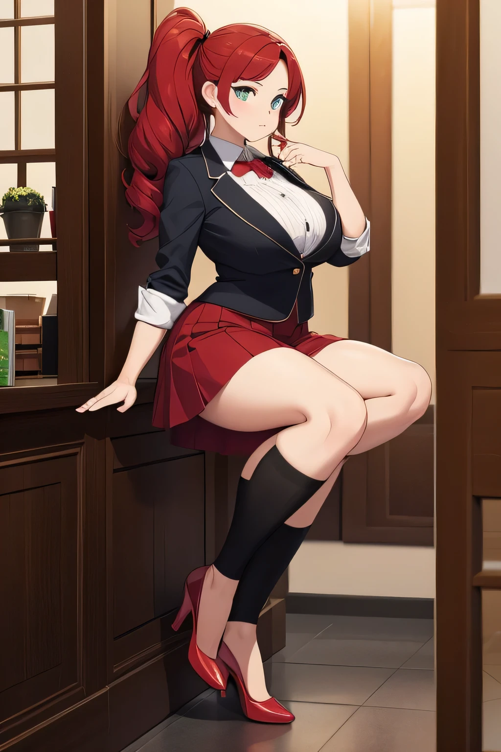 Luxurious conceited girl, her curly red hair has long hazel eyes, she has a green ribbon in her hair, she dresses in dark gray button-down school, underneath, she wears a red skirt, she wears a pair of black shoes, in the background, she is in the salon, high, improves and hand power throws a gravity explosion. destroy city