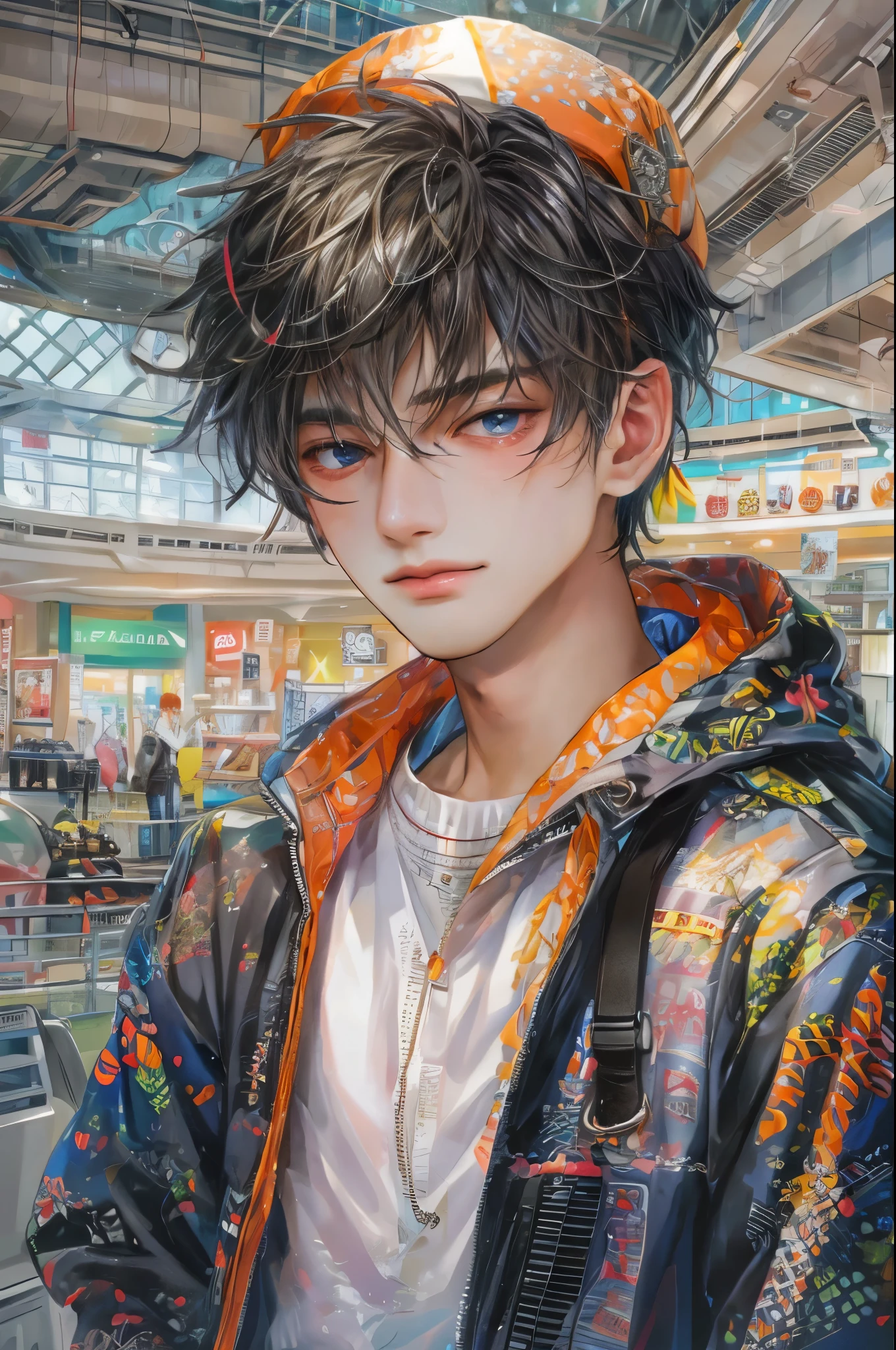 (masterpiece, top quality, best quality, official art, beautiful and aesthetic:1.2), boy, handsome, perfect detailed face, a boy in sporty clothes, colorful, highest quality art, (perfect face), shiny skin, HDR, detailed surroundings, inside a shopping mall