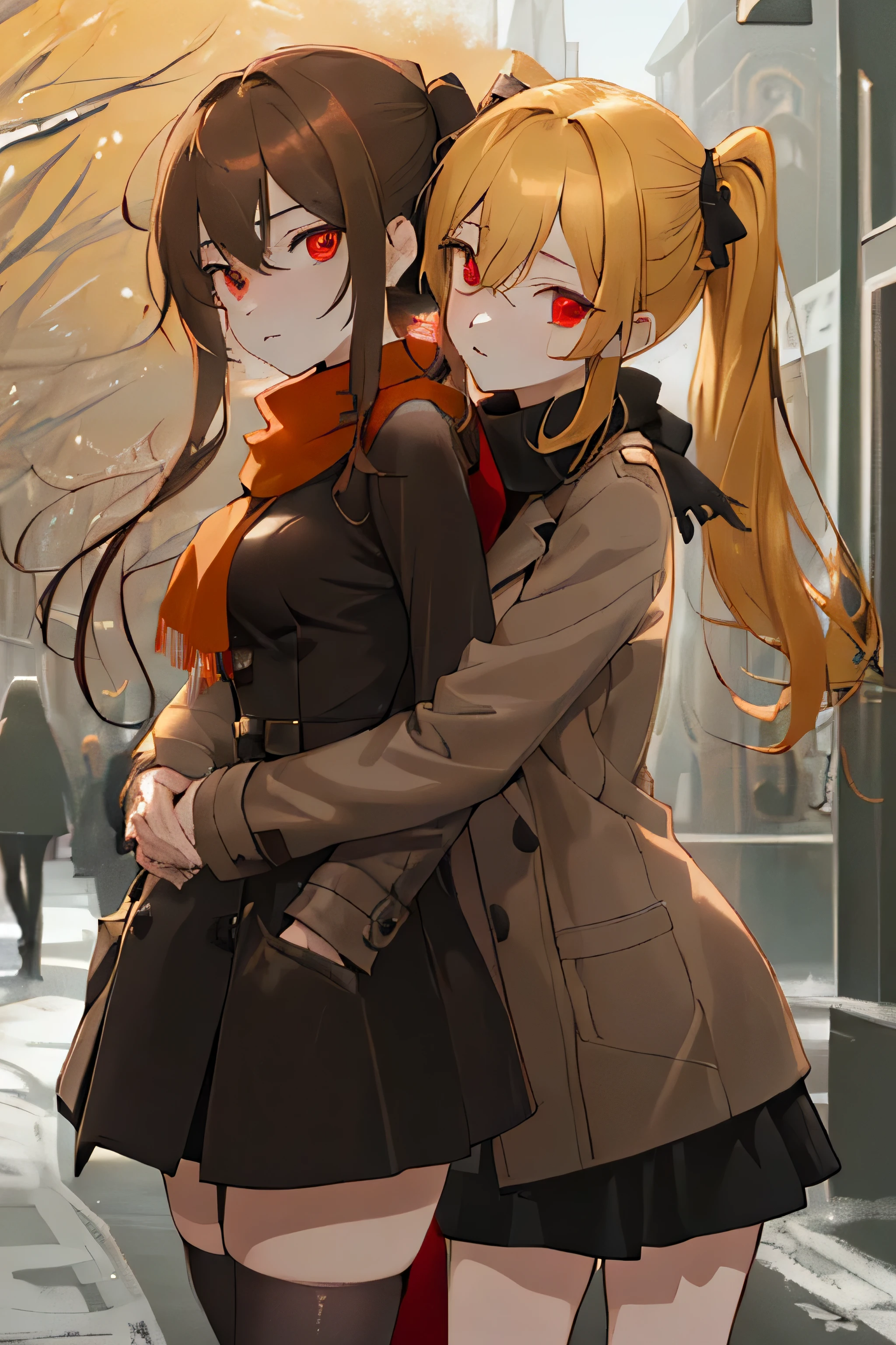 (masterpiece), best quality, expressive eyes, perfect face, 2girls, one with black ponytail hair, red eyes, taller body, smaller breasts, wearing a black dress with short skirt and black stocking with red scarf , gothic ta, one with a twintail yellow blonde hair, golden eyes, wearing a casual silver turtle neck sweater with brown long coat and white scarf, shorter body, big breast. One hugging the other from behind, in a park street during winter, closer point of view, looking at viewer