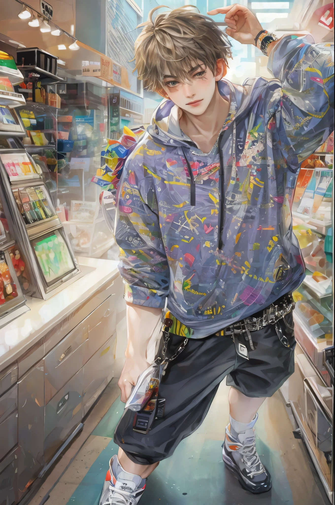 (masterpiece, top quality, best quality, official art, beautiful and aesthetic:1.2), boy, handsome, perfect detailed face, a boy in sporty clothes, colorful, highest quality art, (perfect face), shiny skin, HDR, detailed surroundings, inside a shopping mall