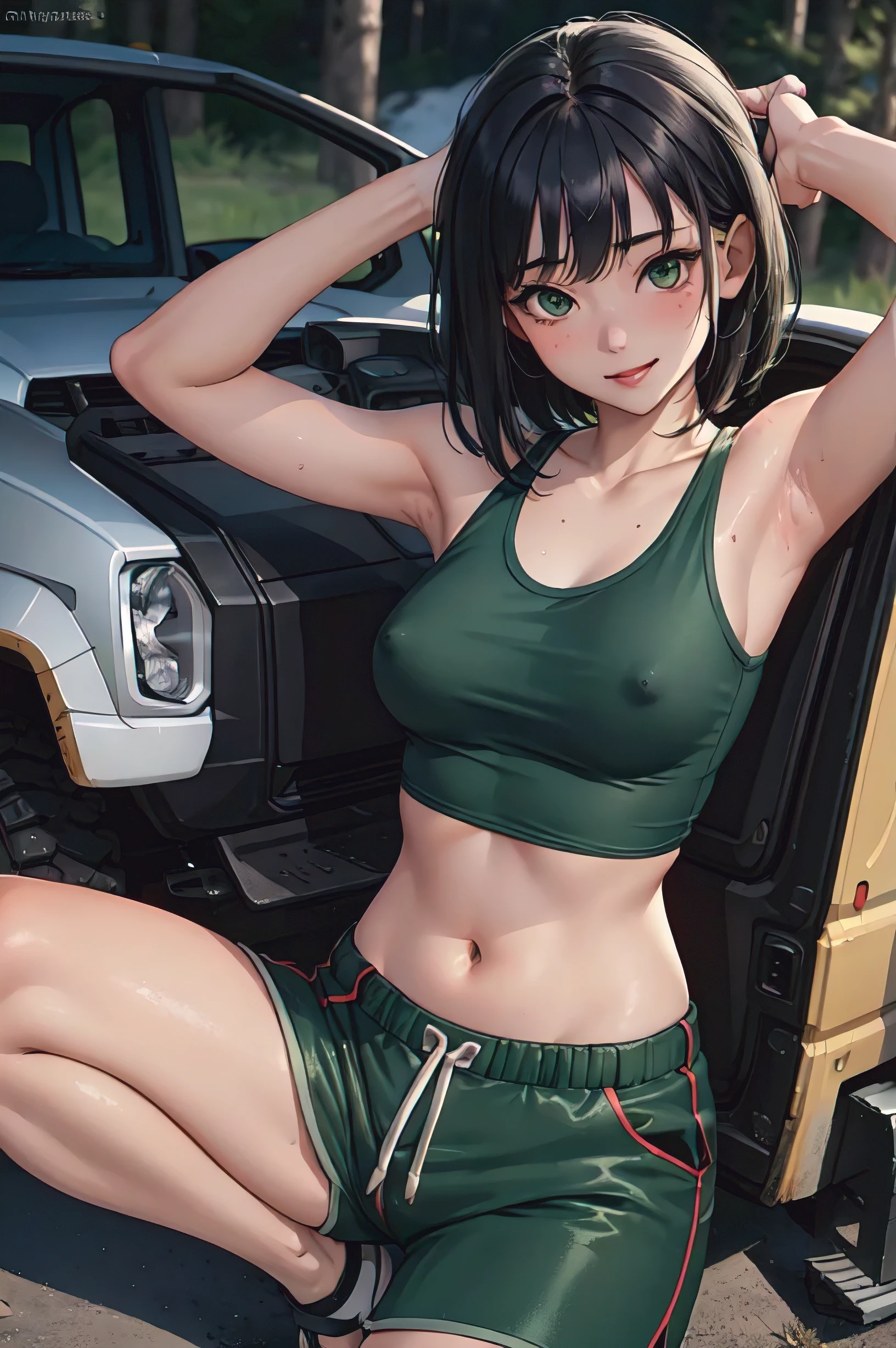 an asian woman with nice tits laying on her knees getting fucked, 1girl, masterpiece, best quality, ultra-detailed, unity 8k wallpaper, perfect anatomy, novel illustration, full color, (1girl,18 years old, dark green very short hair, dark green eyes, athlete, marathon runner, tan, sunburn, sky blue tank top, hot pants, laugh), drives, (SUZUKI Jimny:1.2), in mountain path, nipples, solo, breasts, nude, navel