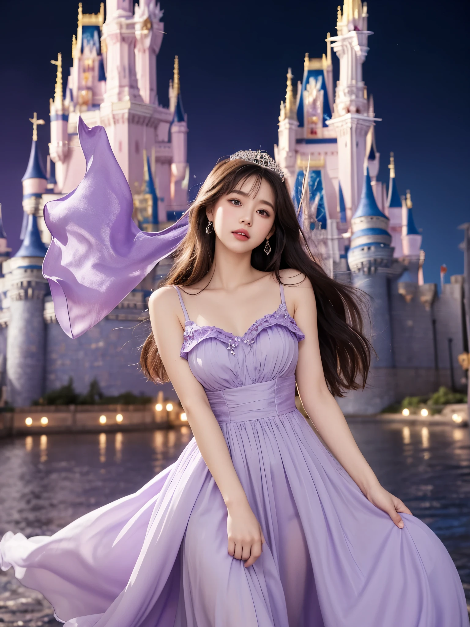 light purple dress, Disney princess, disney castle background, Lovely dress, pretty cloth,