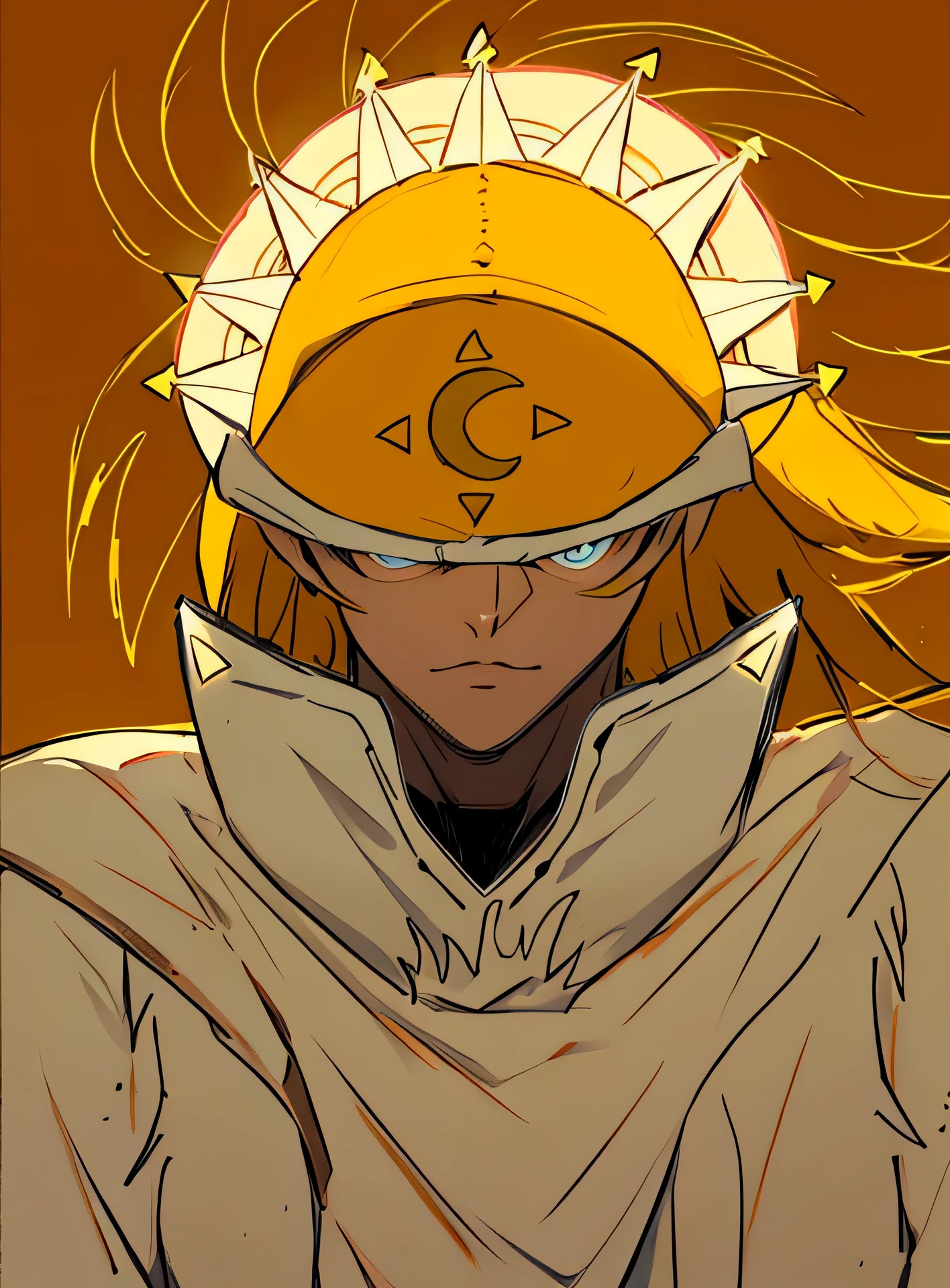 homem, com uma coroa de sol, com os olhos tampados pela coroa de sol, anime dash