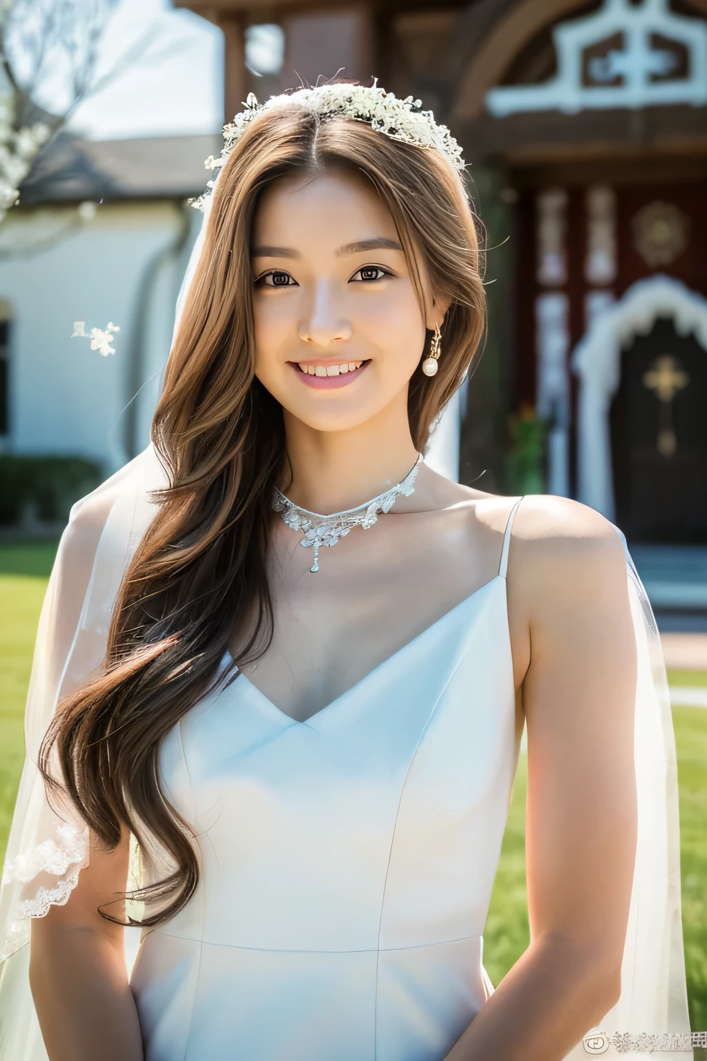 masterpiece, highest quality, Photoreal, Super detailed, finely, High resolution, 8k wallpaper, Professional, Advanced level of detail, (Female college student standing in front of the chapel and posing:1.2), slender Japanese woman, ((facing the front:1.5)), detailed clavicle, Medium chest、perfect face, medium long hair, chestnut hair、(gorgeous white wedding dress:1.5)、gentle smile、full body shot、(brown skin:1.5)

