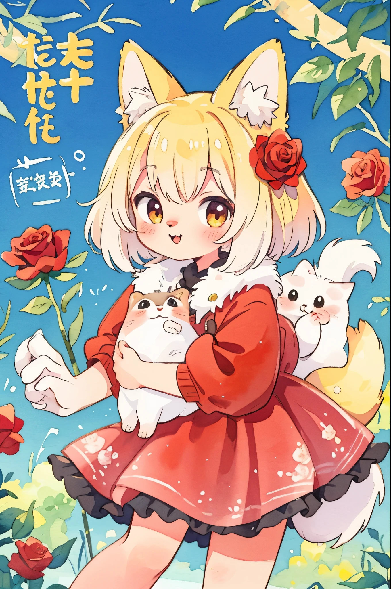 cover page, marriage information magazine, Watercolor elements, 1girl, kemono, furry, detailed body fur, animal face, animal hand, cute girl holding a red rose and looking at viewer,
