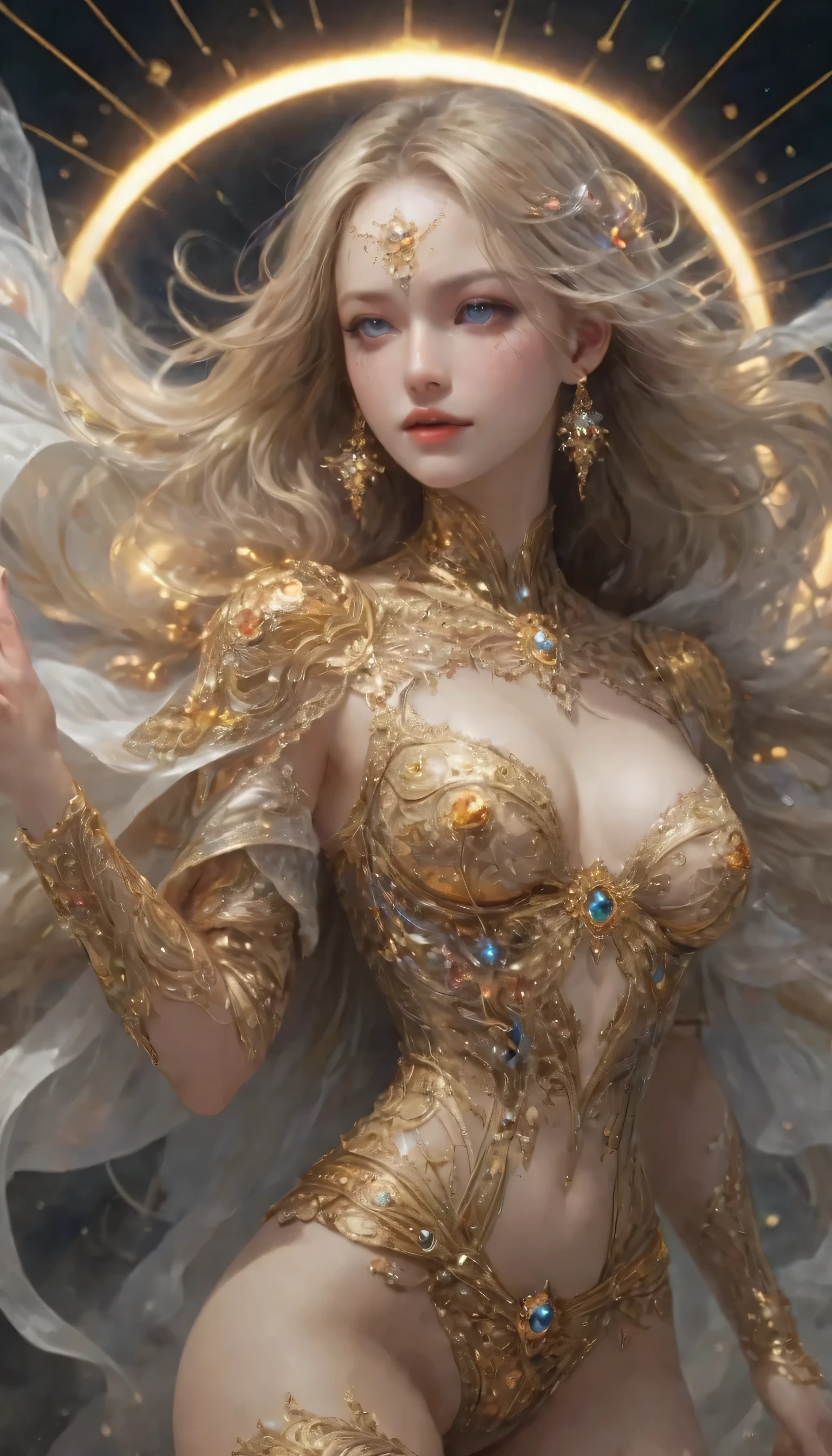 High resolution rendering, masterpiece, highest quality, high resolution, highest detail, 8k, (Photorealistic: 1.2), ((sharp focus)), 1girl, cowboy shot, dreamwave, smoke, aesthetic, vortex, beauty, small head , well-proportioned body of seven heads, even eyes, brown eyes, perfect proportions, huge breasts, thin waist, navel, big butt, gap between the legs, thighs, bewitching, sexy, erotic, (elegant), (Fractal Art: 1.2), (Zentangle: 1.2), Colorful, Crystal, Gold, Gentle Smile, Beautiful Face, Detailed and Perfect Face, Dynamic Pose, Change Pose, Dynamic Angle, Wind, Storm, Backlight, Solar Eclipse, Long hair, trendy, depth of field, translucent, floating, (accurate anatomy body and hand), 4 fingers and 1 thumb,