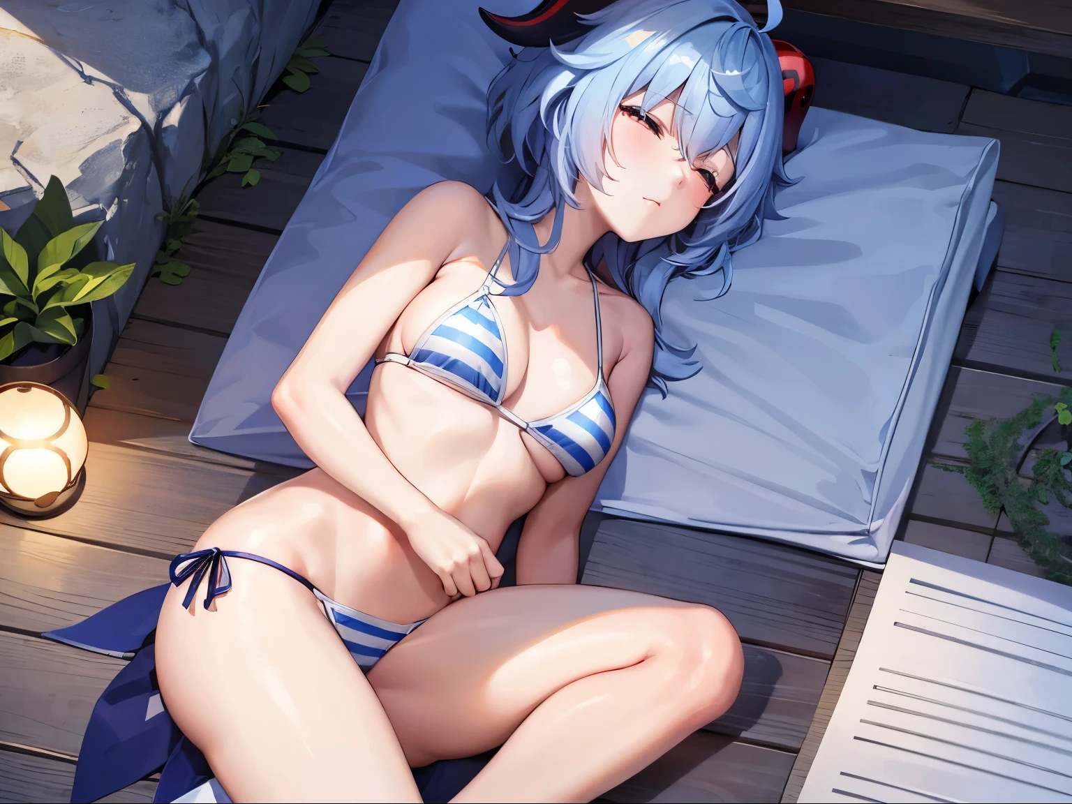 Ganyu Genshin impact, Bikini, White bikini with blue stripes , sleeping, 1 Person, dead