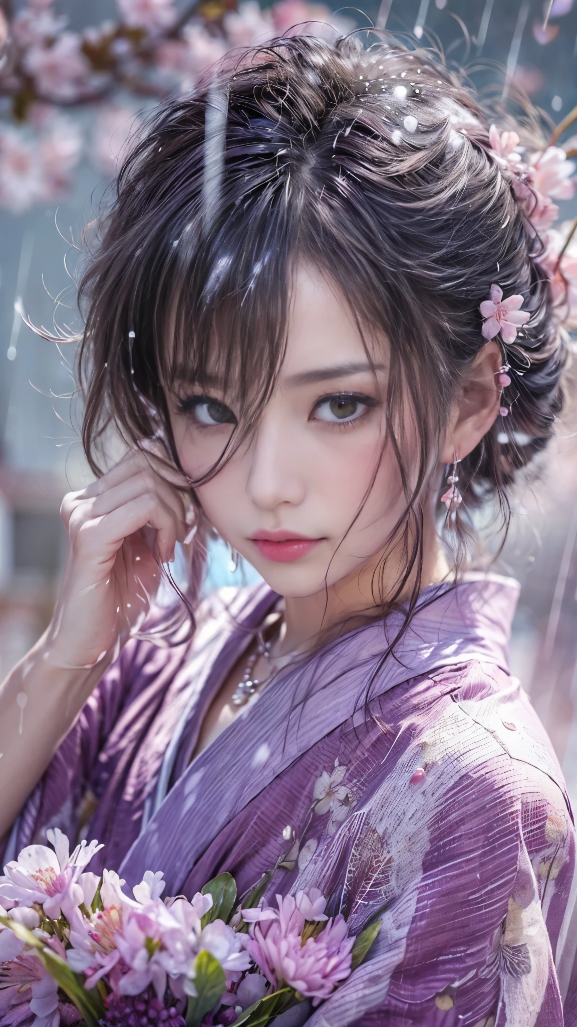 (RAW shooting, Photoreal:1.5, 8K, highest quality, masterpiece, ultra high resolution), ((((powder snow, Cherry blossom trees))), Highly detailed skin and facial textures:1.3, perfect dynamic composition:1.2, (In front of a shrine at night in a modern city, expression of sadness:1.0, Tears are flowing:1.0, cry with a broken heart:1.0), Slim office lady wet in the rain:1.3, cowboy shot, Fair skin:1.2, sexy beauty:1.1, perfect style:1.2, beautiful and aesthetic:1.1, very beautiful face:1.2, water droplets on the skin, (rain drips all over my body:1.2, wet body:1.2, wet hair:1.3), (Professional kimono dressing:1.1, Holding a bouquet of wet cherry blossoms:1.2, Wear a wet light purple kimono correctly:1.3), (Medium chest, Bra is transparent, Chest gap), (Eyes that feel beautiful eros:0.8, Too erotic:0.8, Bewitching:0.8), necklace, earrings, bracelet, wedding ring, Highly detailed hand and finger expressions