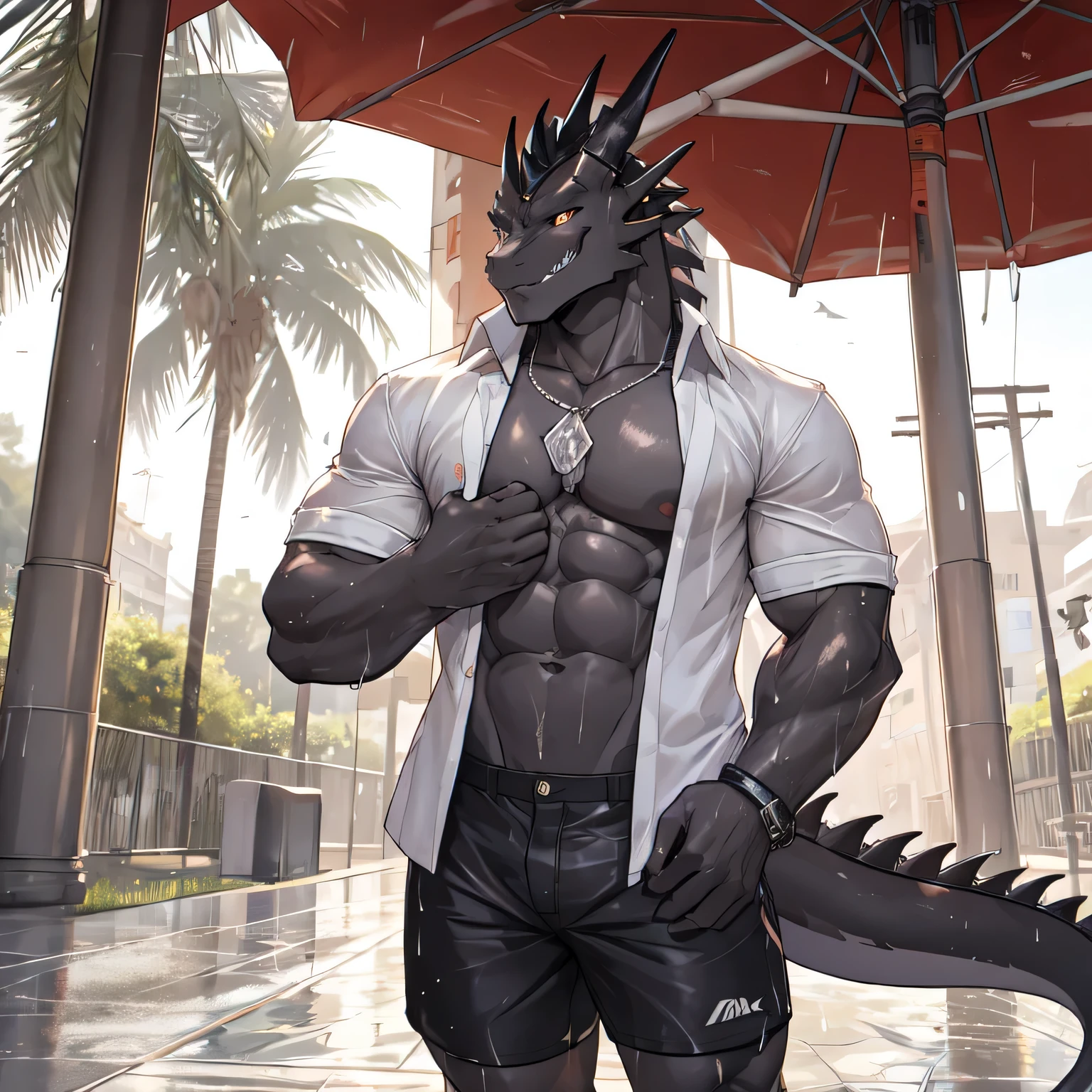 masterpiece, anthropomorphic black dragon , nice, Shorts only,social person Gari macho good looking lower leg pants wet in the rain White suit dress shirt Show off your abs