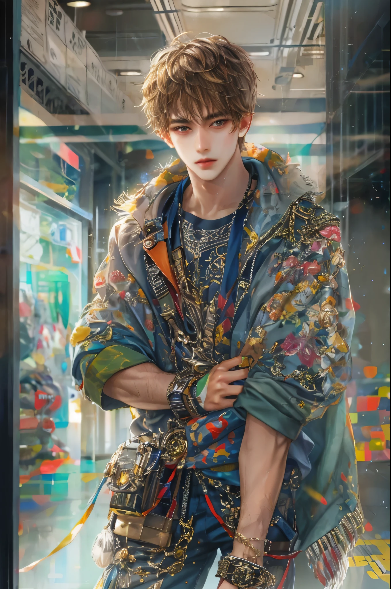 (masterpiece, top quality, best quality, official art, beautiful and aesthetic:1.2), boy, handsome, perfect detailed face, a boy in sporty clothes, warm tones, highest quality art, (perfect face), shiny skin, HDR, detailed surroundings, inside a shopping mall