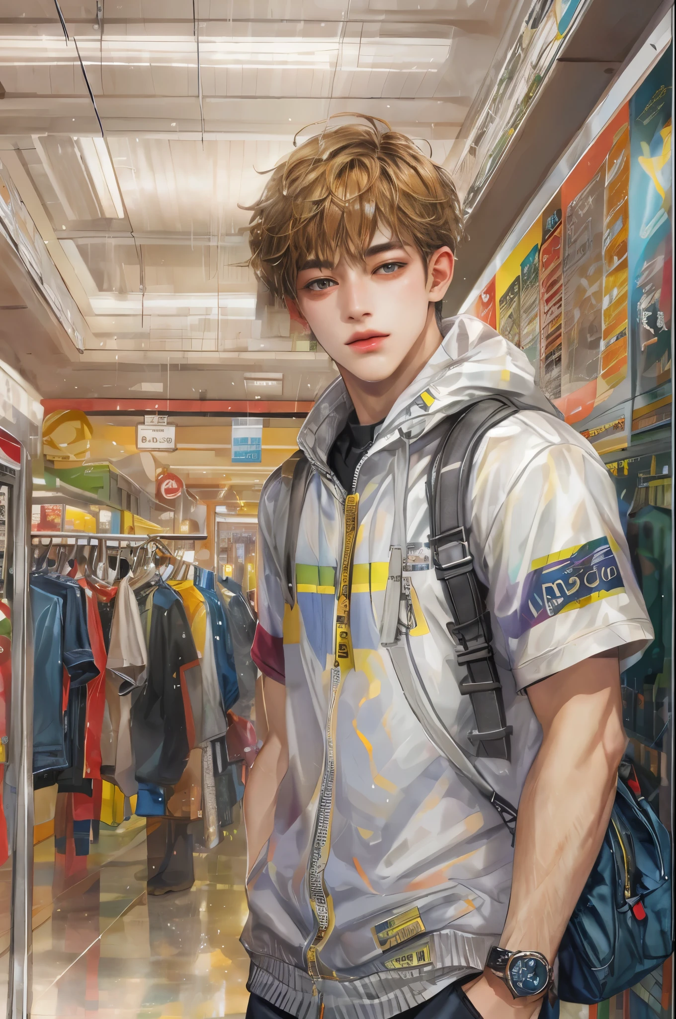 (masterpiece, top quality, best quality, official art, beautiful and aesthetic:1.2), boy, handsome, perfect detailed face, a boy in sporty clothes, warm tones, highest quality art, (perfect face), shiny skin, HDR, detailed surroundings, inside a shopping mall