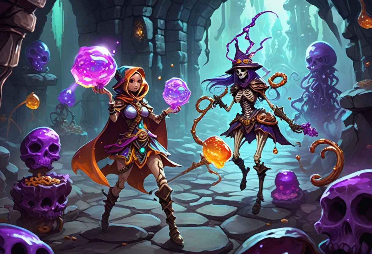 female Gummy adventurers travel through a rock candy dungeon and encounter a dreaded skeletal mage made of pretzels, high fantasy, food dreaming