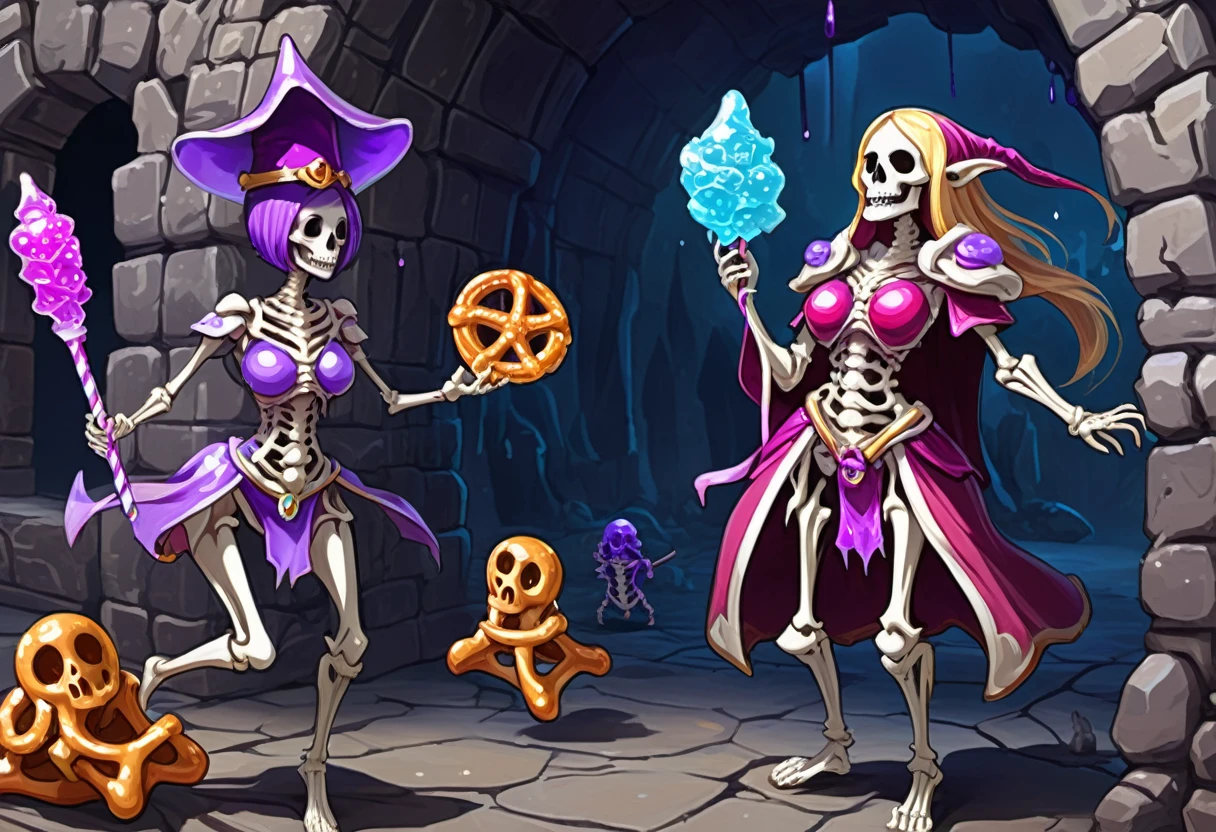 female Gummy adventurers travel through a rock candy dungeon and encounter a dreaded skeletal mage made of pretzels, high fantasy, food dreaming