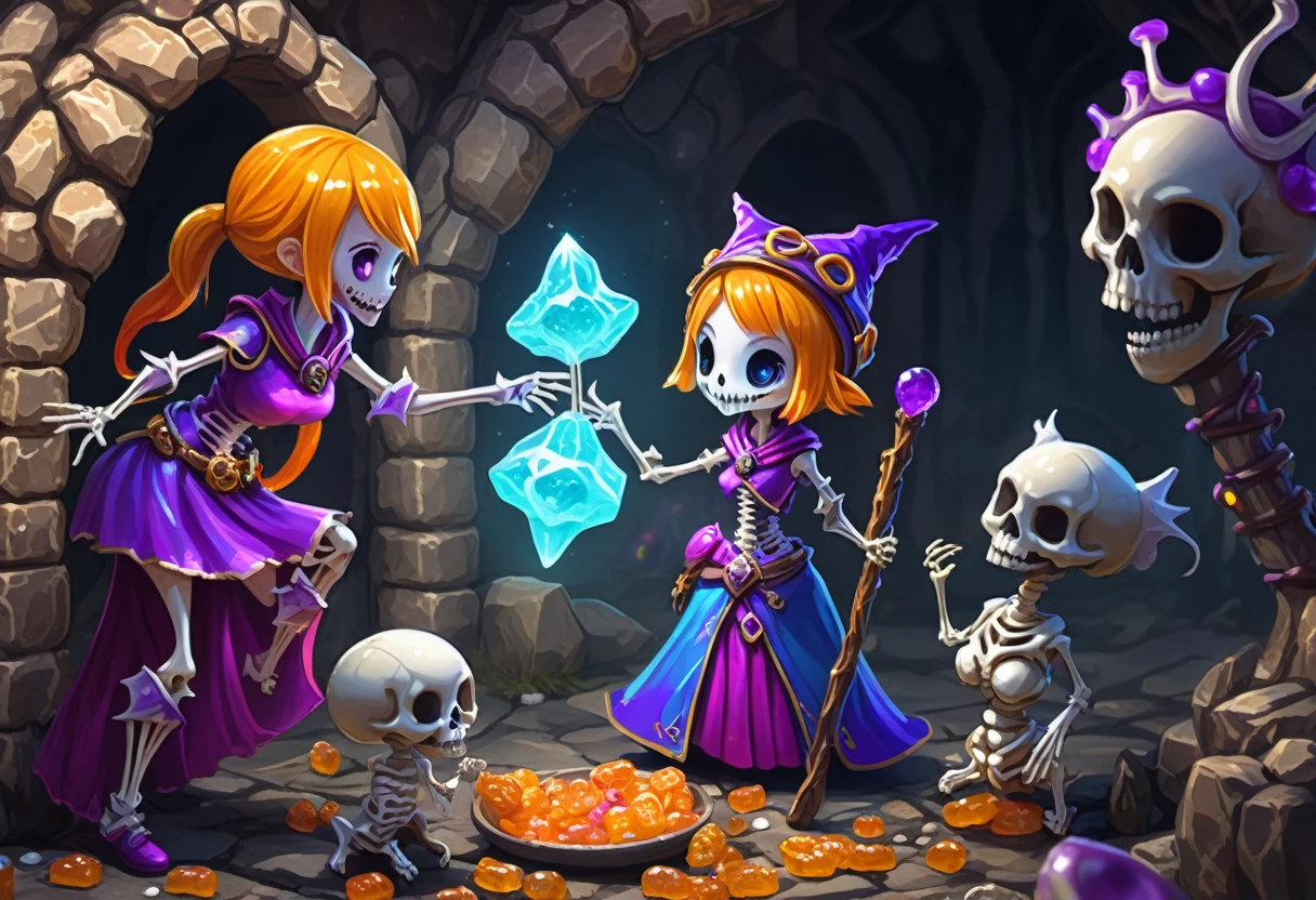 female Gummy adventurers travel through a rock candy dungeon and encounter a dreaded skeletal mage made of pretzels, high fantasy, food dreaming
