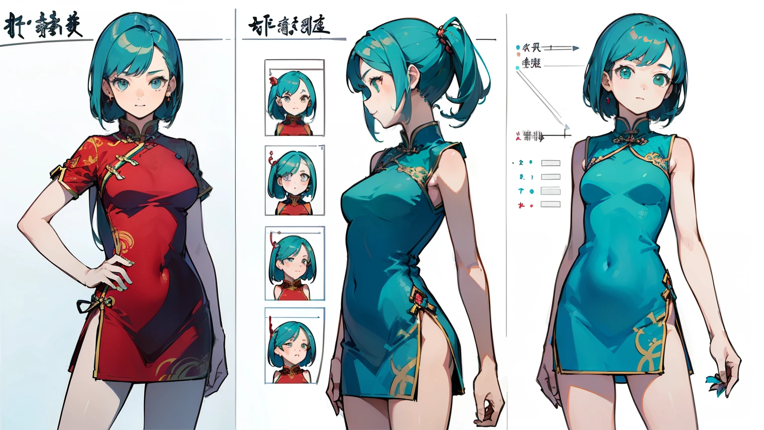 ((highest quality)), ((masterpiece)), ((realistic)) 19 years old, redhead girl, shoulder length hair, relaxed and happy face ((thin)) (Big breasts), ((( Chinese dress turquoise blue short dress))) (((mini skirt))) ((sexy dress)) Odango hairstyle (((detailed character sheet, Front view, Side view, 3/4 view))) (((white background))) 6 and a half whole bodies