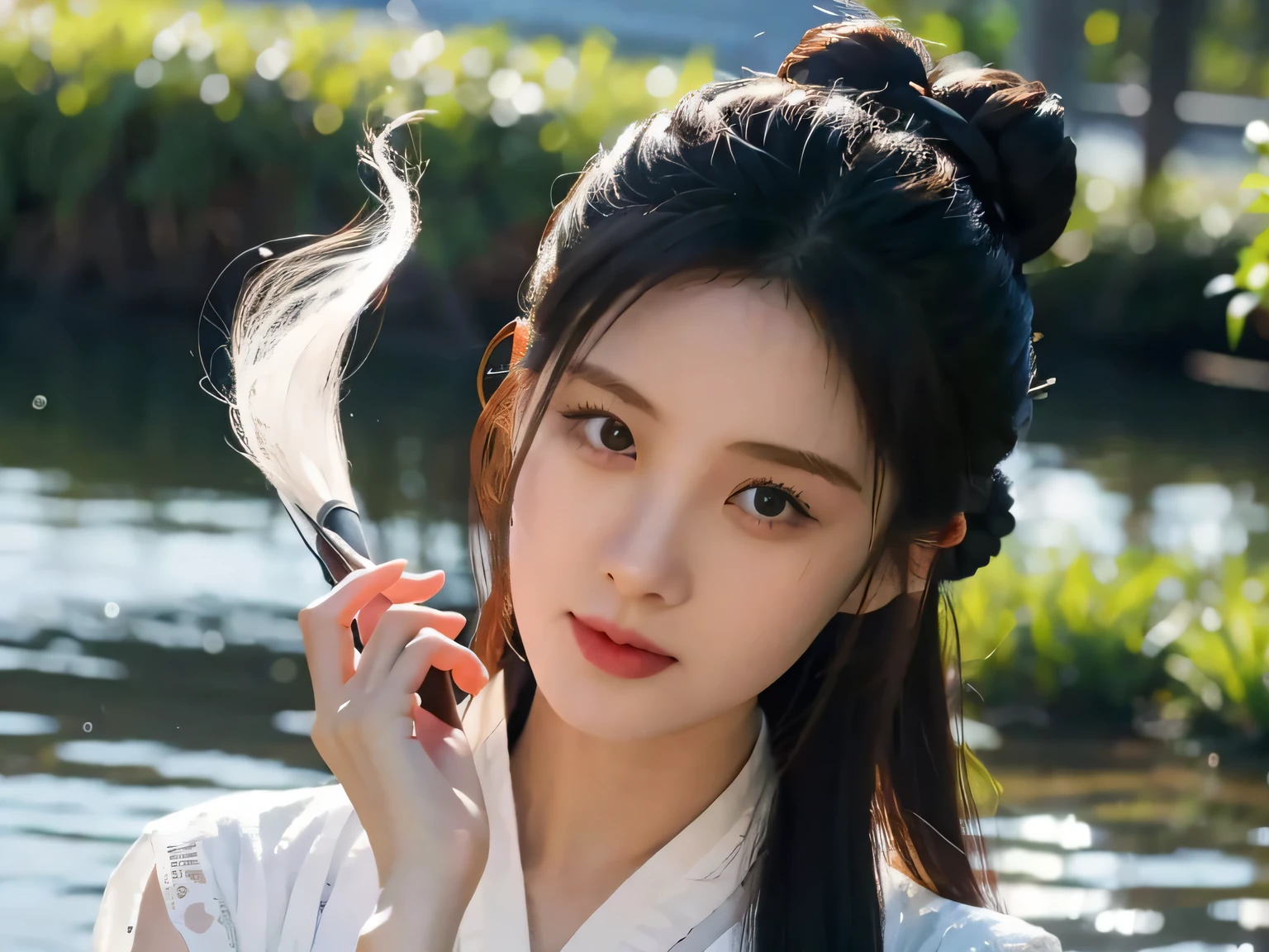 fuji xt3 raw photo, masterpiece, best quality, realistic, detailed, high quality, masterpiece, detail, perfect face, extremely detailed face, long hair with bun behind and bangs, full body . [pouring face], wear black song hanfu and katana, at dojo with lake, blur background, soft light 1.8, light bloom, bokeh. middle age era