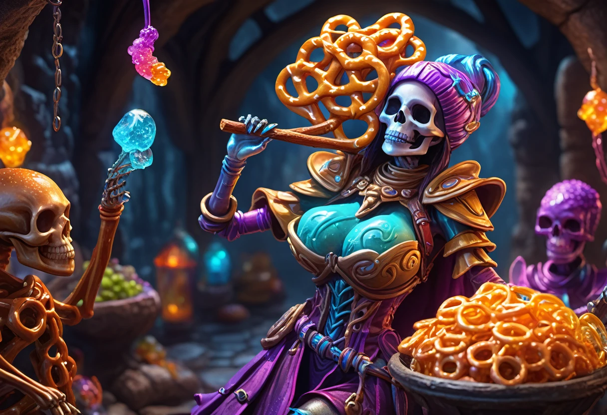female Gummy adventurers travel through a rock candy dungeon and encounter a dreaded skeletal mage made of pretzels, high fantasy, food dreaming
