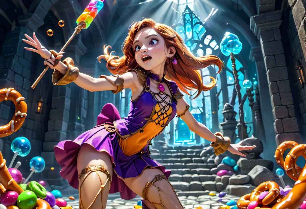female Gummy adventurers,rock candy dungeon,dreaded skeletal mage made of pretzels,high fantasy,food dreaming,(best quality,4k,8k,highres,masterpiece:1.2),ultra-detailed,(realistic,photorealistic,photo-realistic:1.37),vivid colors,portraits,HDR,sharp focus,physically-based rendering,extreme detail description,professional,studio lighting,colorful,surreal lighting,dynamic composition,unexpected twist,magic essence