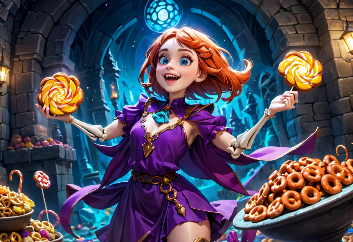 female Gummy adventurers,rock candy dungeon,dreaded skeletal mage made of pretzels,high fantasy,food dreaming,(best quality,4k,8k,highres,masterpiece:1.2),ultra-detailed,(realistic,photorealistic,photo-realistic:1.37),vivid colors,portraits,HDR,sharp focus,physically-based rendering,extreme detail description,professional,studio lighting,colorful,surreal lighting,dynamic composition,unexpected twist,magic essence