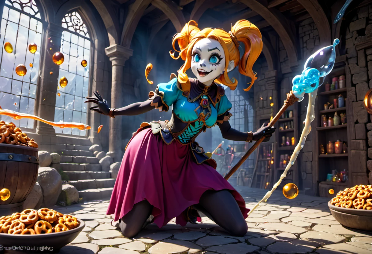 female Gummy adventurers,rock candy dungeon,dreaded skeletal mage made of pretzels,high fantasy,food dreaming,(best quality,4k,8k,highres,masterpiece:1.2),ultra-detailed,(realistic,photorealistic,photo-realistic:1.37),vivid colors,portraits,HDR,sharp focus,physically-based rendering,extreme detail description,professional,studio lighting,colorful,surreal lighting,dynamic composition,unexpected twist,magic essence