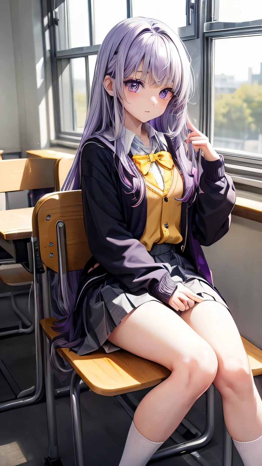 very cute girl、purple hair、Fluffy semi-long hair、、purple eyes、big eyes、droopy eyes、cute eyes、(yellow cardigan)、the front of the cardigan is open、(white school uniform)、(black skirt、()、white skin、slim and beautiful legs、Super high quality、full body shot、classroom、sitting in a chair、