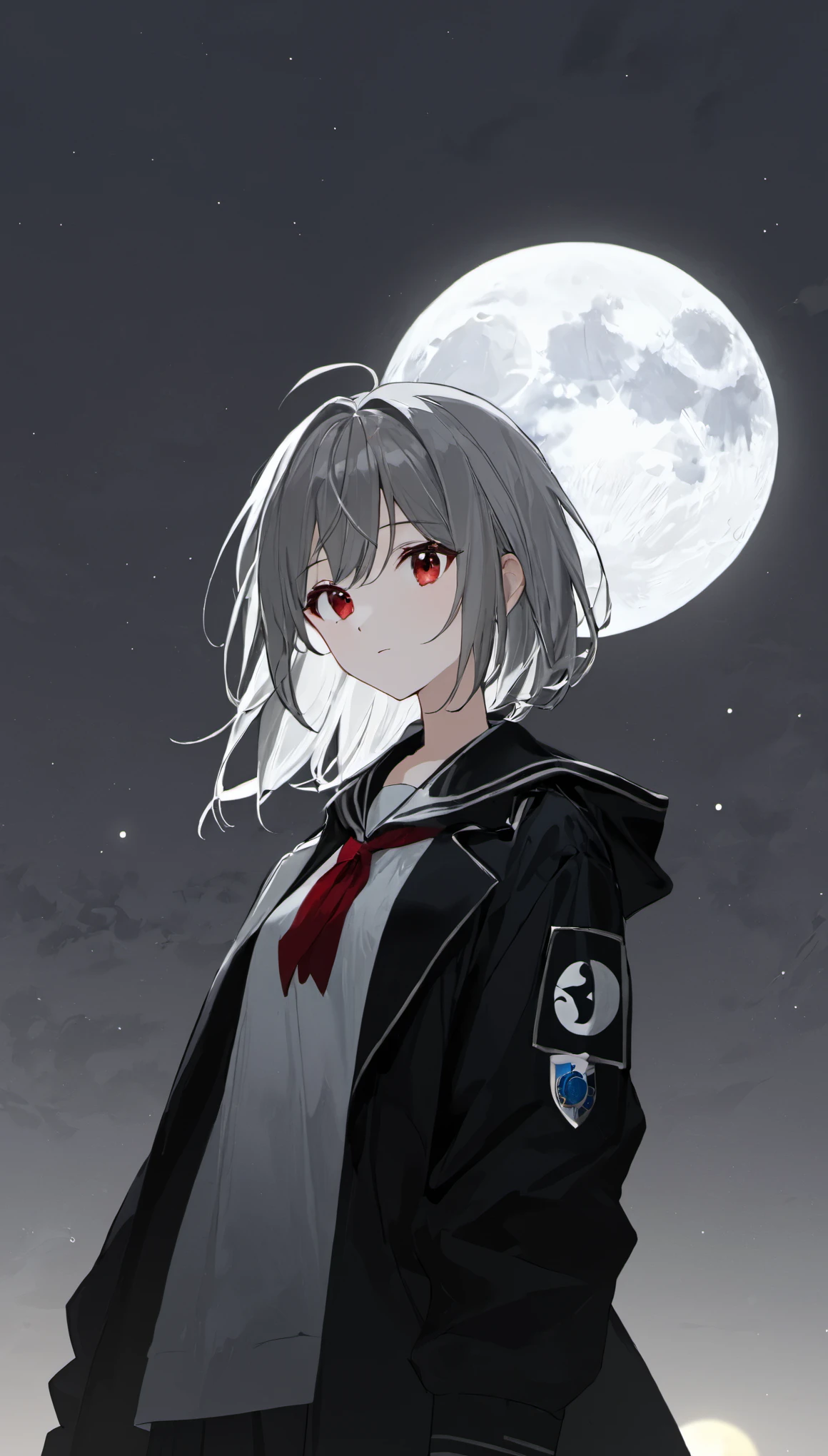 highest quality、masterpiece、1 girl、gray background、marble、gray hair:1.5、red eyes、red lips、white clothes、Similarly、kimono、black jacket、messy hair、Black and white world、Black and white world、pale skin、at night、full moon、