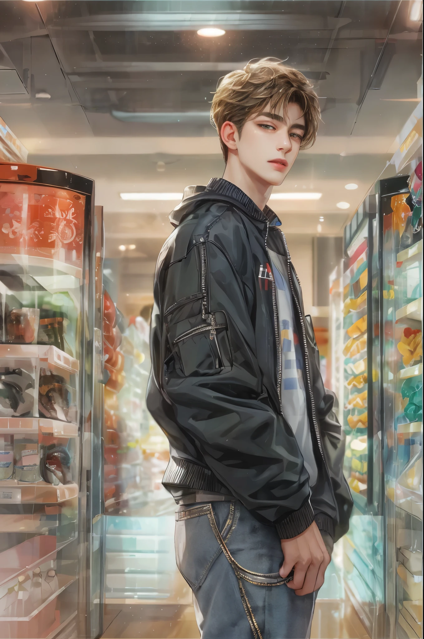 (masterpiece, top quality, best quality, official art, beautiful and aesthetic:1.2), boy, handsome, perfect detailed face, a boy in sporty clothes, warm tones, highest quality art, (perfect face), shiny skin, HDR, detailed surroundings, inside a shopping mall