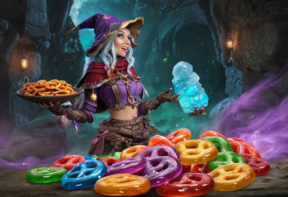 female adventurers,Gummy adventurers,travel through,rock candy dungeon,dreaded skeletal mage,pretzels,high fantasy,food dreaming,(best quality,4k,8k,highres,masterpiece:1.2),ultra-detailed,(realistic,photorealistic,photo-realistic:1.37),Illustration,confectionery materials,colorful,illuminated with soft lighting