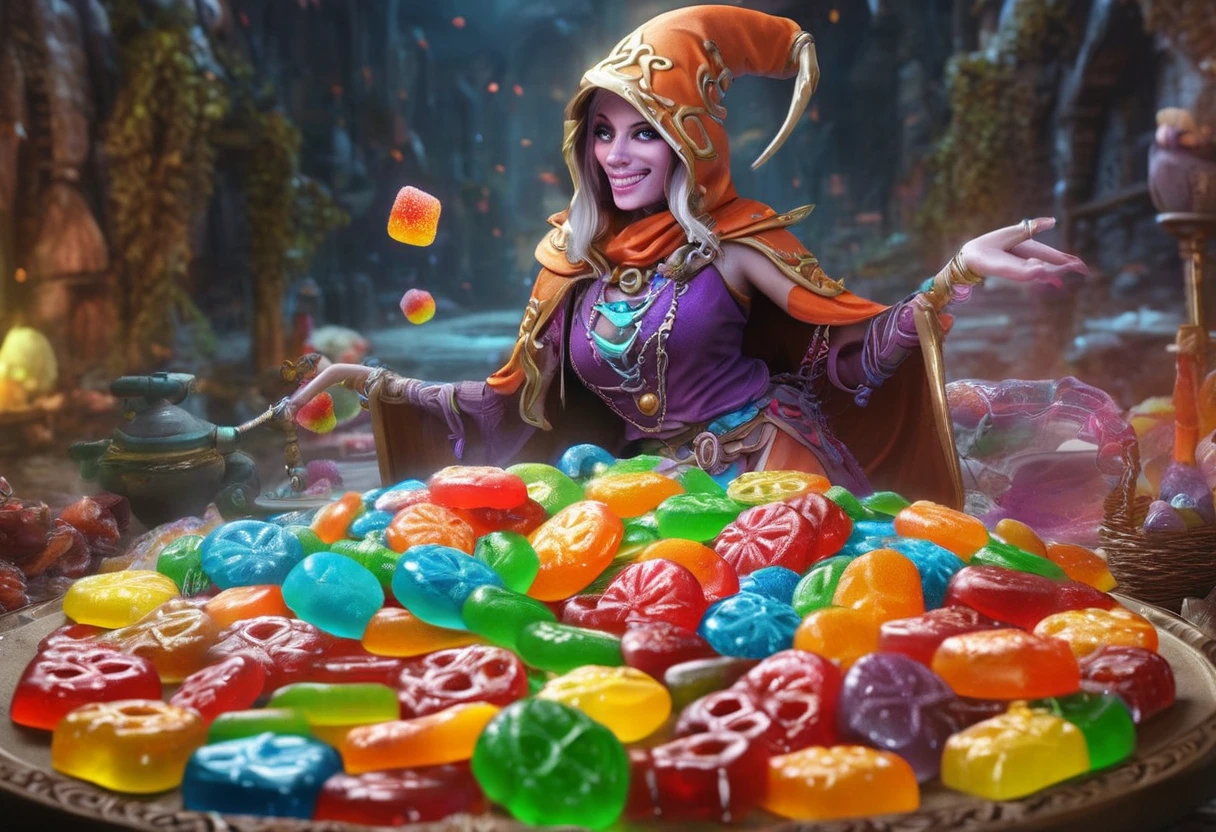 female adventurers,Gummy adventurers,travel through,rock candy dungeon,dreaded skeletal mage,pretzels,high fantasy,food dreaming,(best quality,4k,8k,highres,masterpiece:1.2),ultra-detailed,(realistic,photorealistic,photo-realistic:1.37),Illustration,confectionery materials,colorful,illuminated with soft lighting