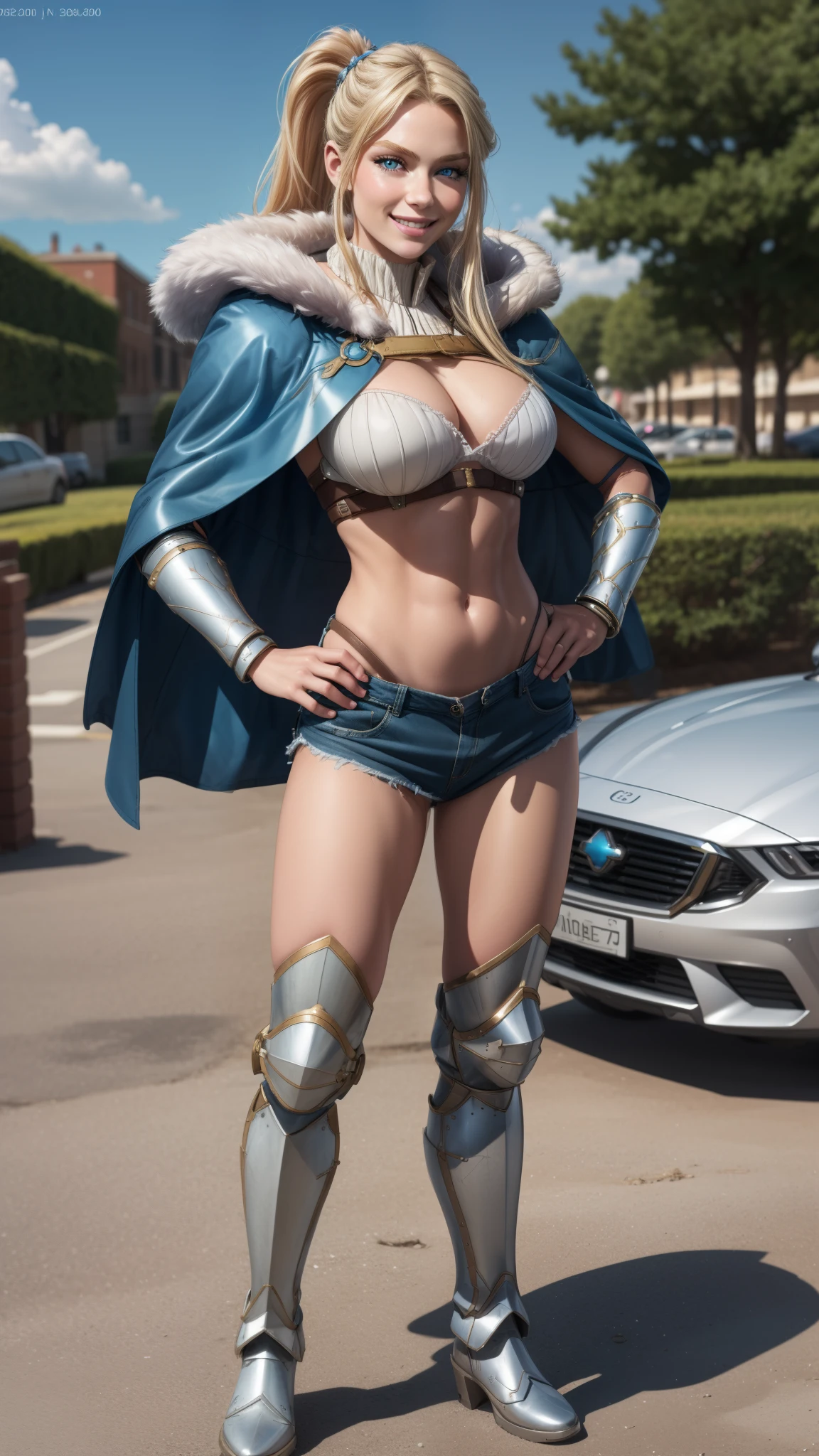 best quality, masterpiece, 1girl, (solo:1.1), raytracing, ultra detailed,detailed face, 8k wallpaper, wide hips, smile, ChloeMorgan_NDV, 1girl, blonde hair, large breasts, long hair, blue eyes, pony tail, capelete, fur collar, pants, armored boots, crop top, outdoor,