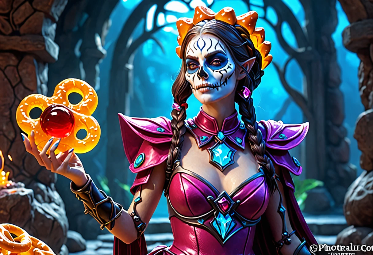 female Gummy adventurers,rock candy dungeon,dreaded skeletal mage made of pretzels,high fantasy,food dreaming,(best quality,4k,8k,highres,masterpiece:1.2),ultra-detailed,(realistic,photorealistic,photo-realistic:1.37),vivid colors,portraits,HDR,sharp focus,physically-based rendering,extreme detail description,professional,studio lighting,colorful,surreal lighting,dynamic composition,unexpected twist,magic essence