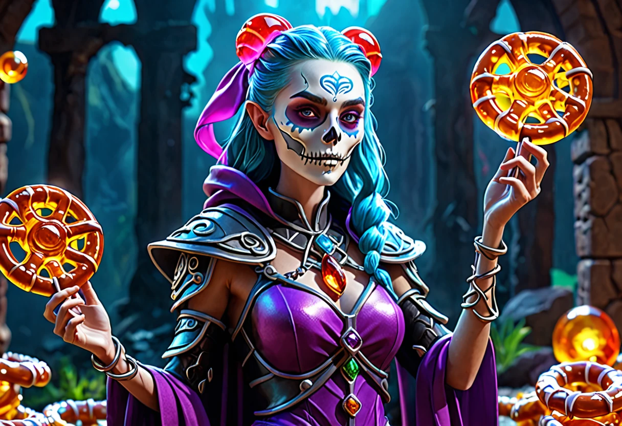 female Gummy adventurers,rock candy dungeon,dreaded skeletal mage made of pretzels,high fantasy,food dreaming,(best quality,4k,8k,highres,masterpiece:1.2),ultra-detailed,(realistic,photorealistic,photo-realistic:1.37),vivid colors,portraits,HDR,sharp focus,physically-based rendering,extreme detail description,professional,studio lighting,colorful,surreal lighting,dynamic composition,unexpected twist,magic essence