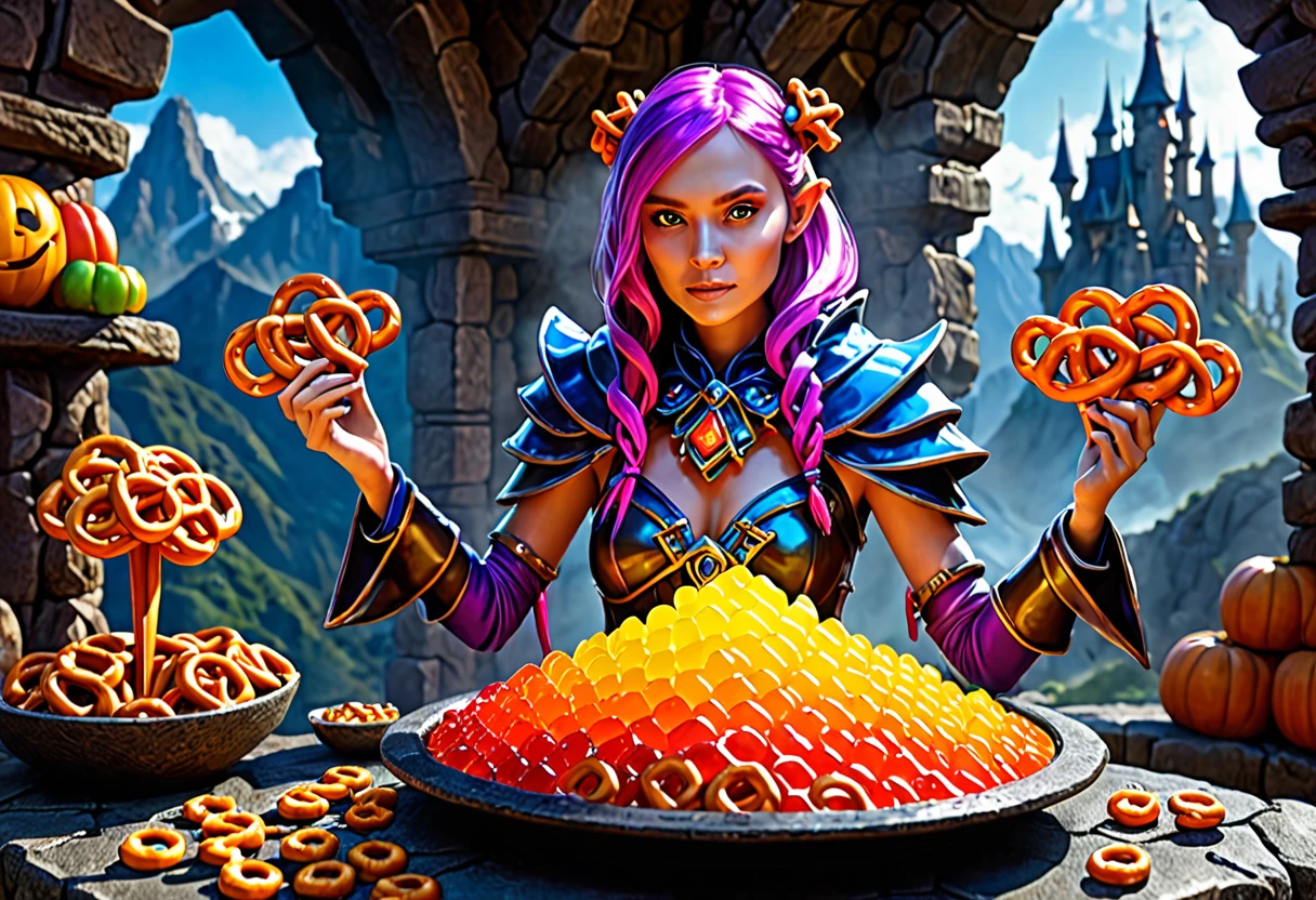 female Gummy adventurers travel through a rock candy dungeon and encounter a dreaded skeletal mage made of pretzels, high fantasy, food dreaming
