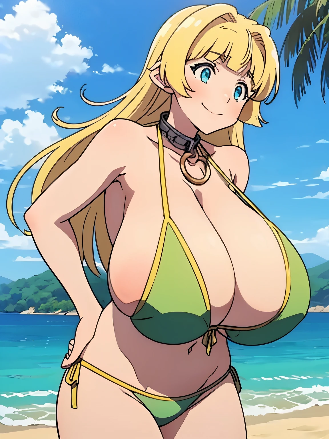 high quality、high resolution、masterpiece、anime,anime style,shera,neck chain, blonde hair, beautiful face, blue eyes, (gigantic  sagging breasts:1.5),(green bikini),beach,sea,smile,sexy,erotic