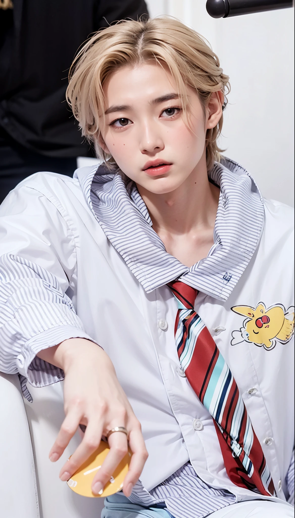 hay un hombre con corbata y camisa sentado en una silla, Cai Xu Kun, pintar ulzzang, delicate androgynous prince, Jung Jaehyun, xqc, jinyoung shin, uniforme jk, inspirado en Bian Shoumin, beautiful androgynous prince, kim doyoung, sakimichan, inspirado en Kun Can, jia