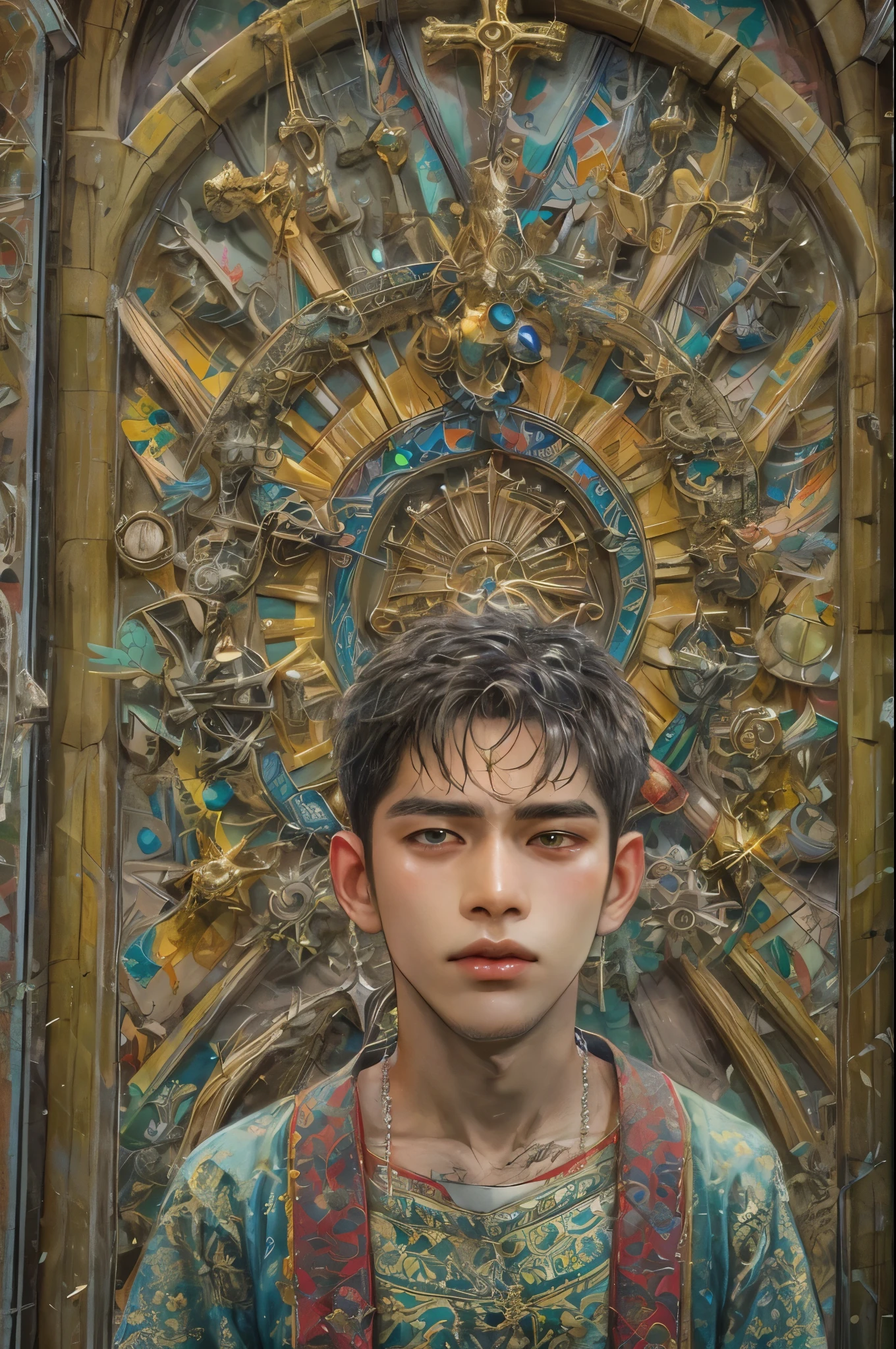 (masterpiece, top quality, best quality, official art, beautiful and aesthetic:1.2), boy, handsome, extreme detailed faces, handsome boy doing various activities during lenten season in the Philippines, colorful, highest detailed, (perfect face), shiny skin, HDR, detailed surroundings, on the street entrance of the church of the Philippines , decorative thorns on the side